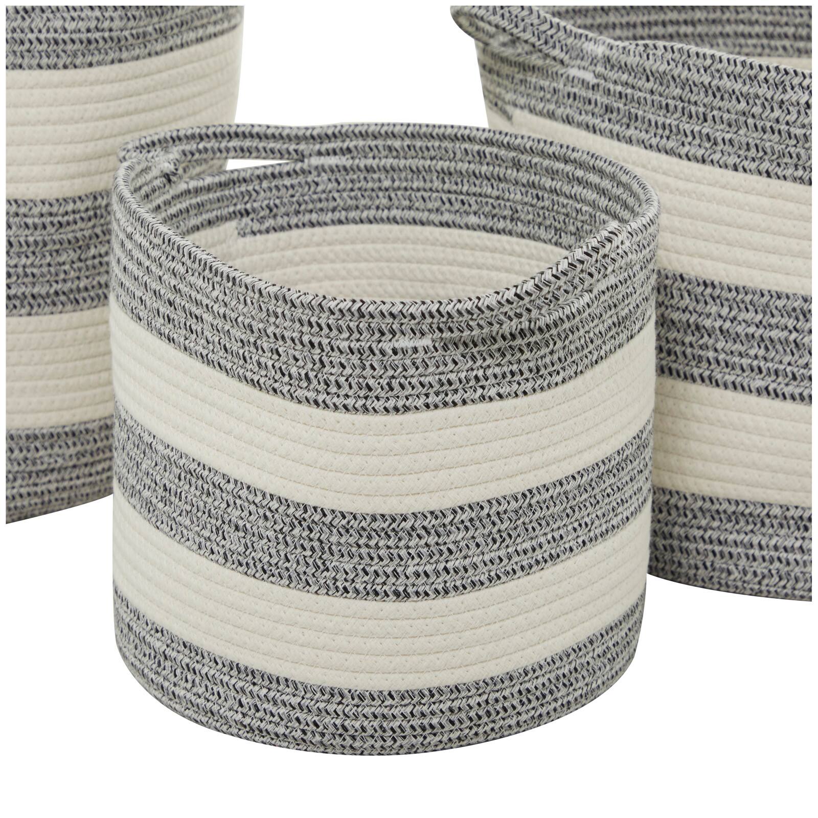 Gray Cotton Handmade Striped Storage Basket with Handles Set of 3 14", 12", 10"