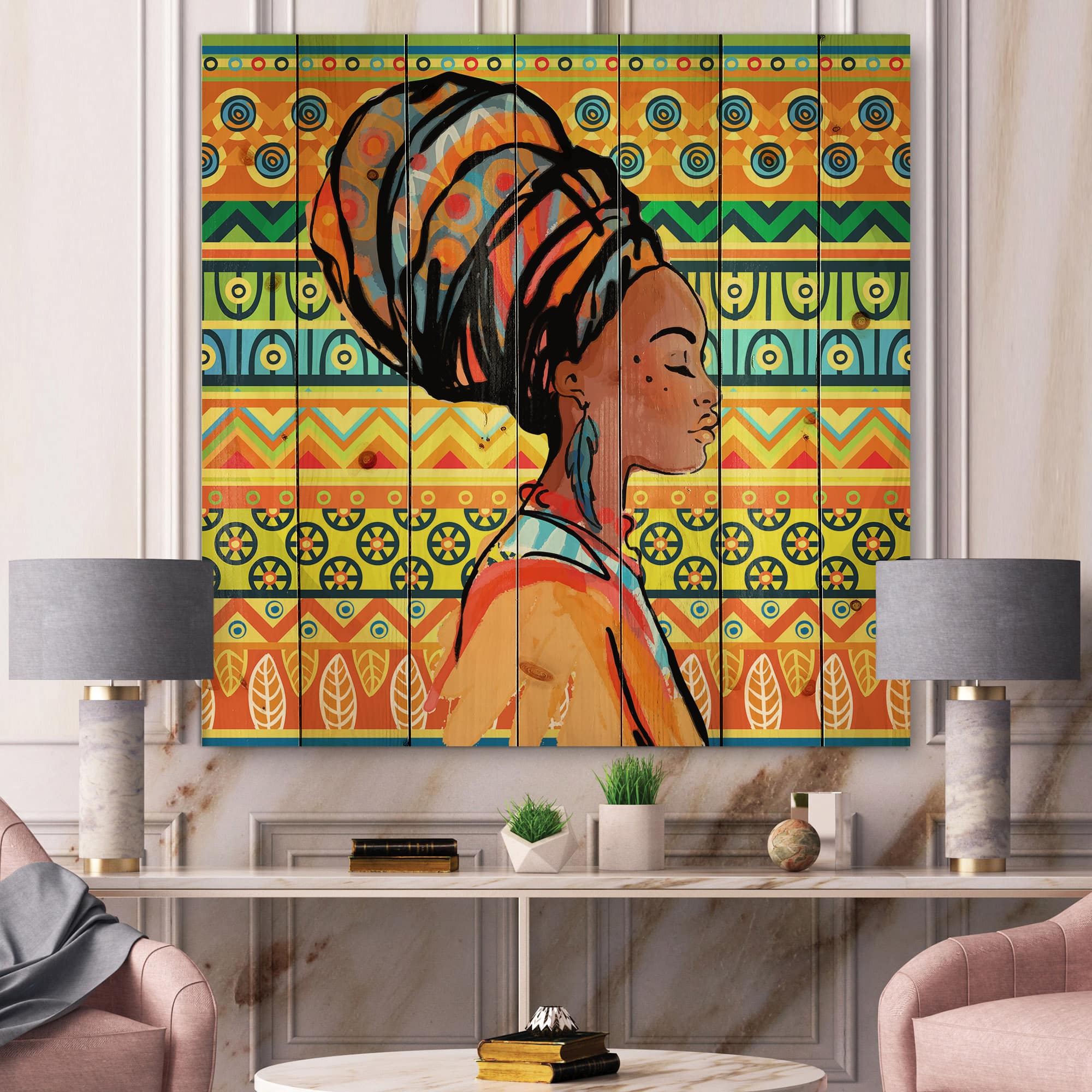 Designart - African American Woman with Turban III - Modern Print on Natural Pine Wood