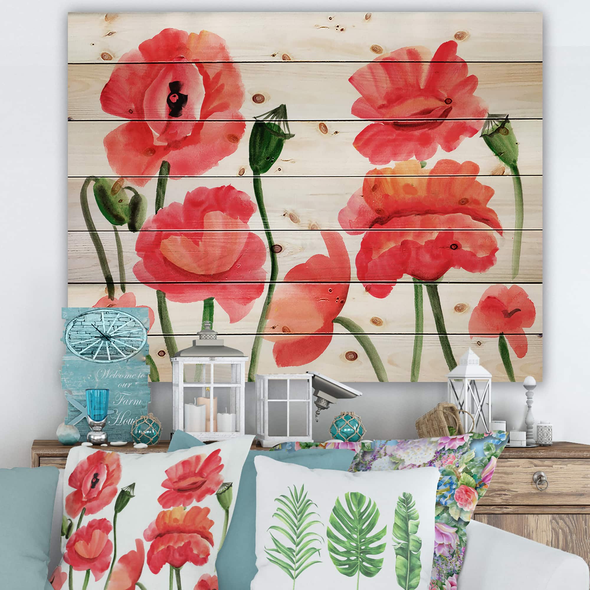 Designart - Vintage Red Poppies I - Traditional Print on Natural Pine Wood
