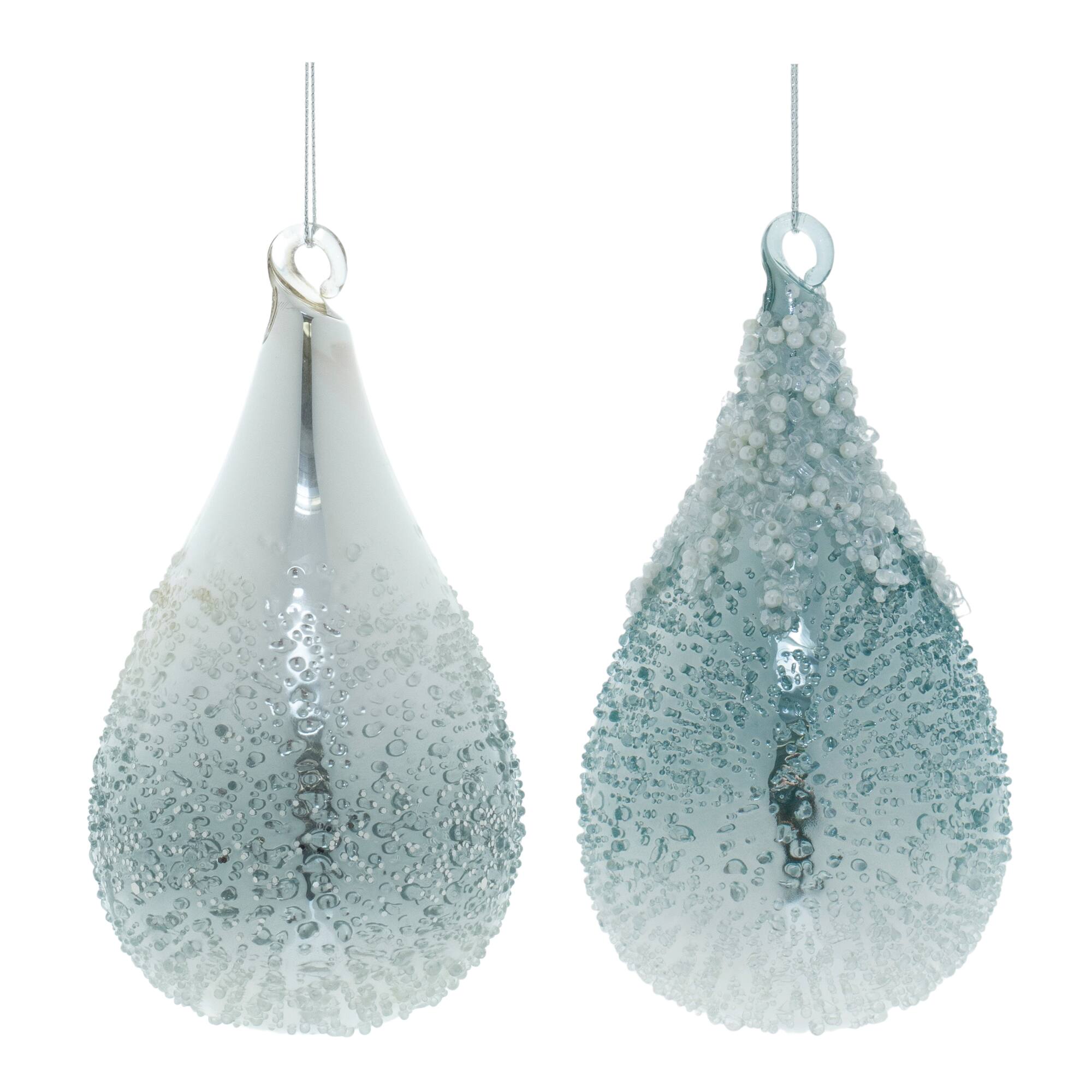 6" Seafoam Beaded Glass Teardrop Ornaments Set