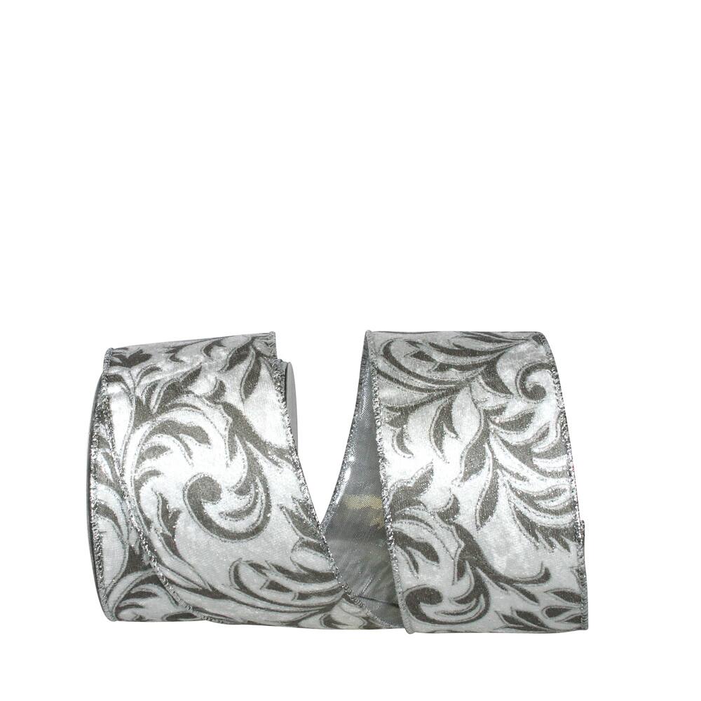 JAM Paper 2.5" x 10yd. Silver Filigree Leaves Wired Plush Velvet Ribbon