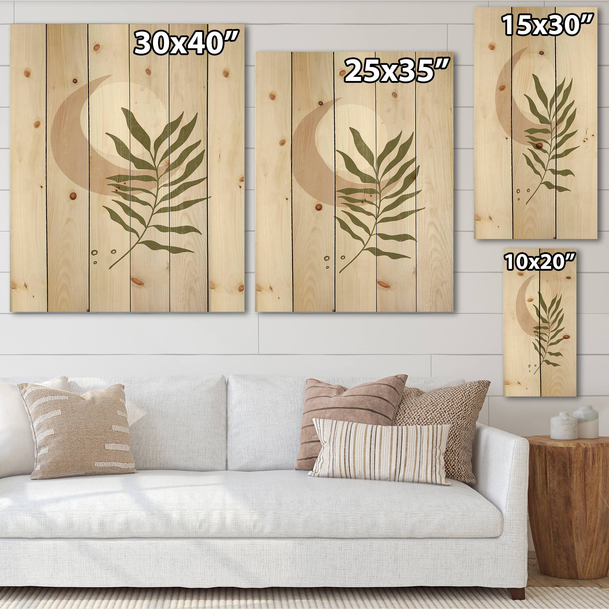 Designart - Abstract Geometrical Moon With Leaf II - Modern Print on Natural Pine Wood