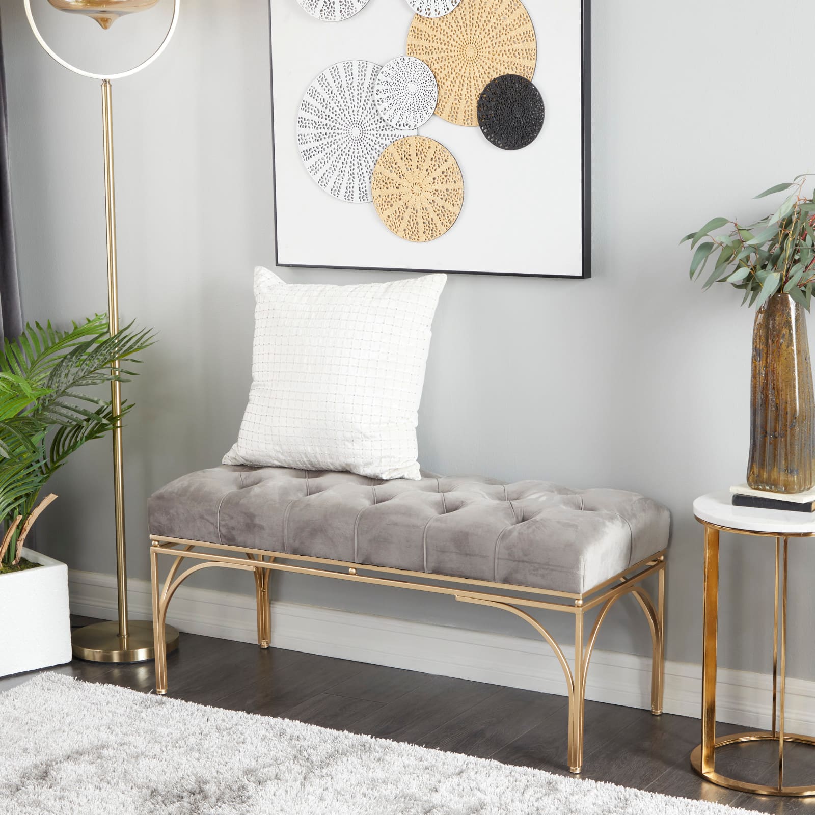 Grey Metal Glam Bench, 19&#x22; x 39&#x22; x 17&#x22;