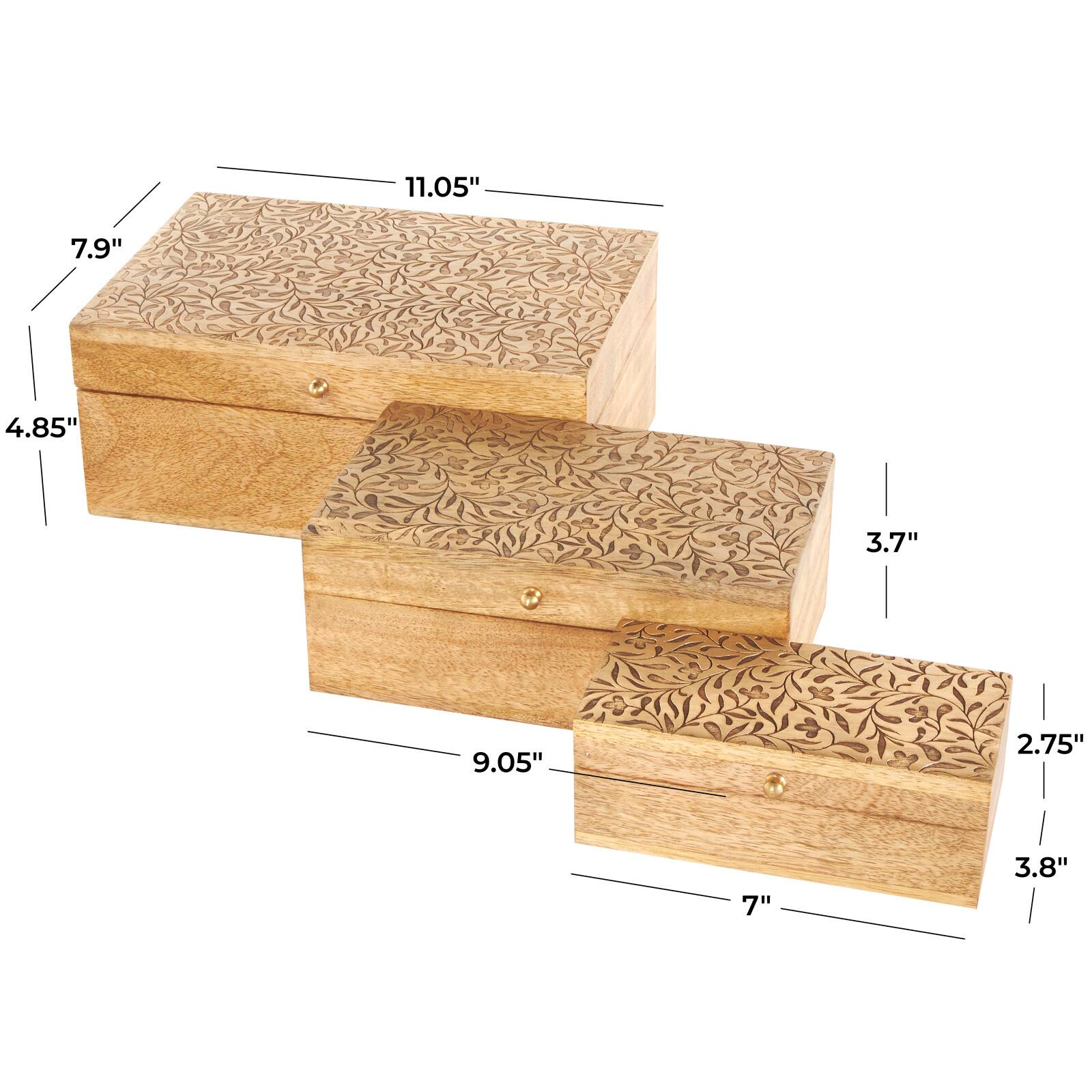 Brown Mango Wood Scroll Handmade Storage Box with Vine Carvings & Gold Accents, 3ct.