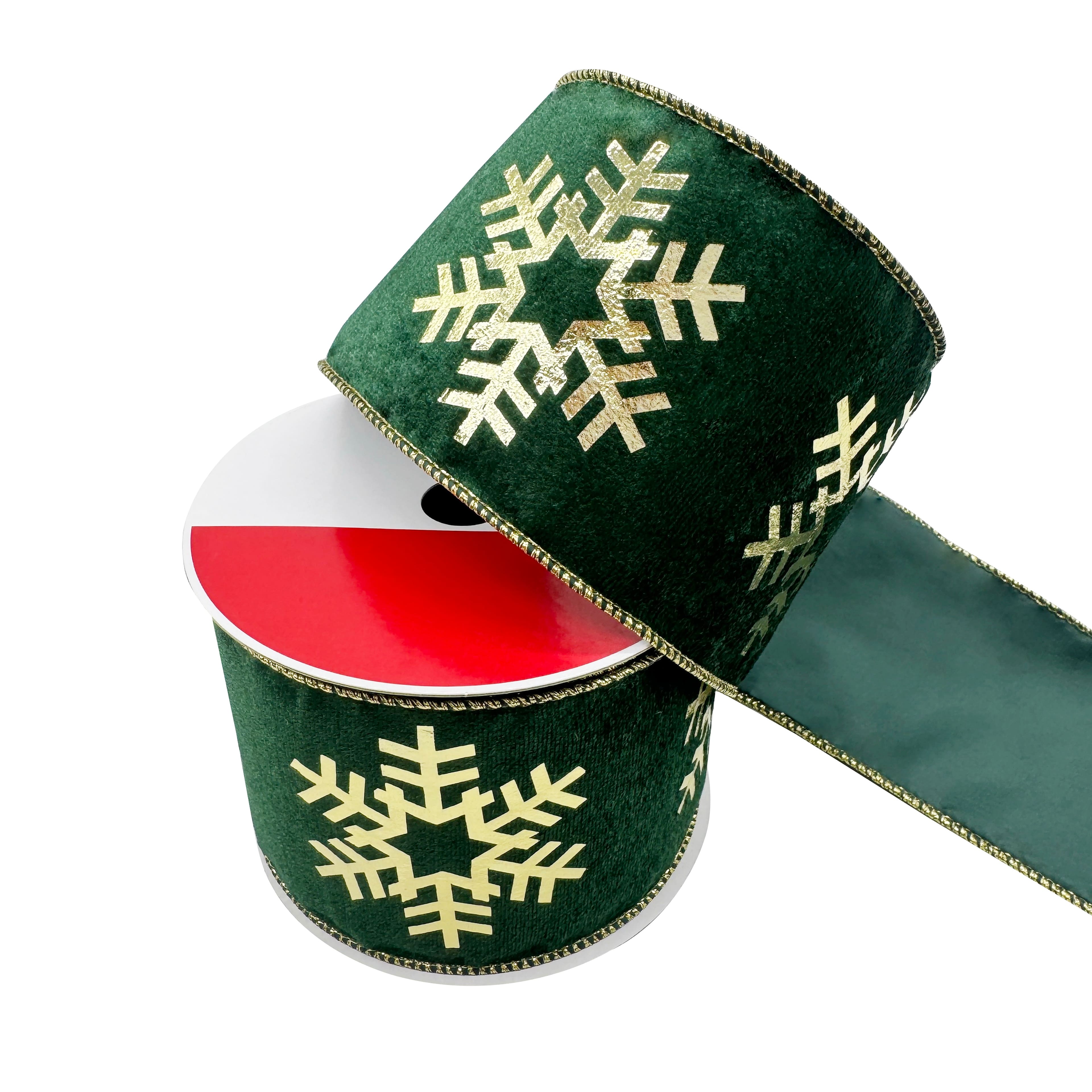 3.5" x 20ft. Green & Gold Snowflakes Wired Velvet Ribbon by Celebrate It®