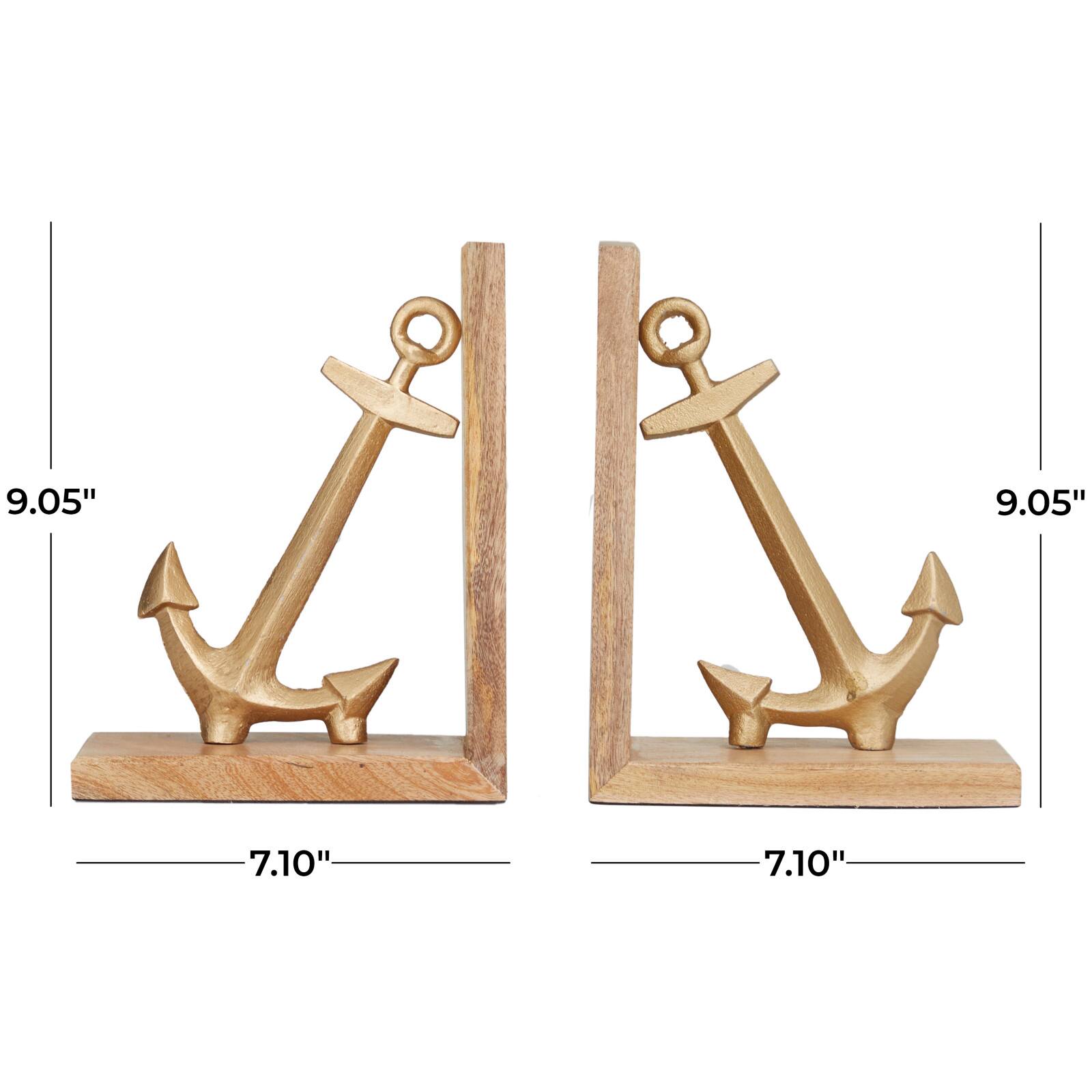 9&#x22; Gold Aluminum Anchor Bookends Set