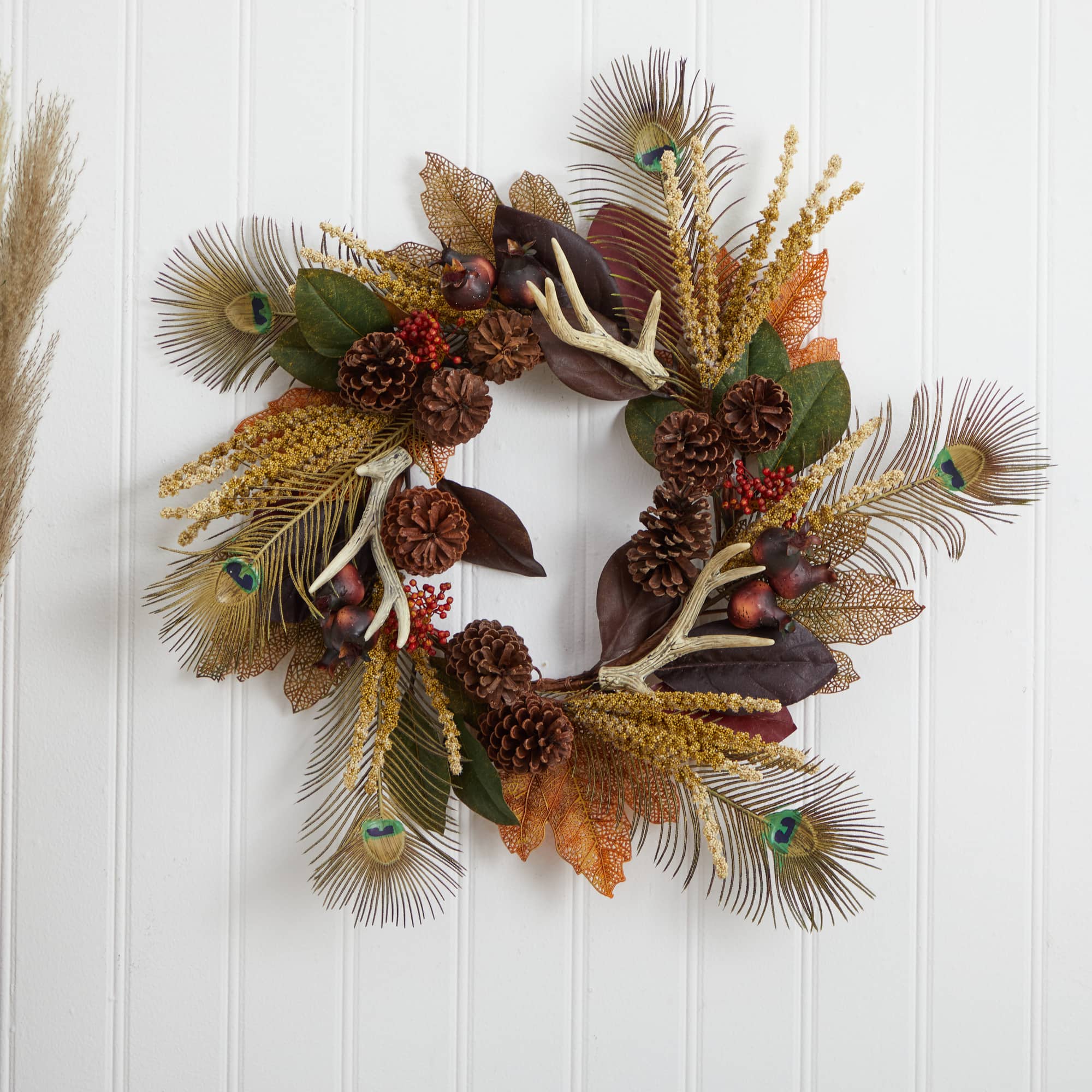 27" Magnolia Leaf, Berry, Antler & Peacock Feather Wreath
