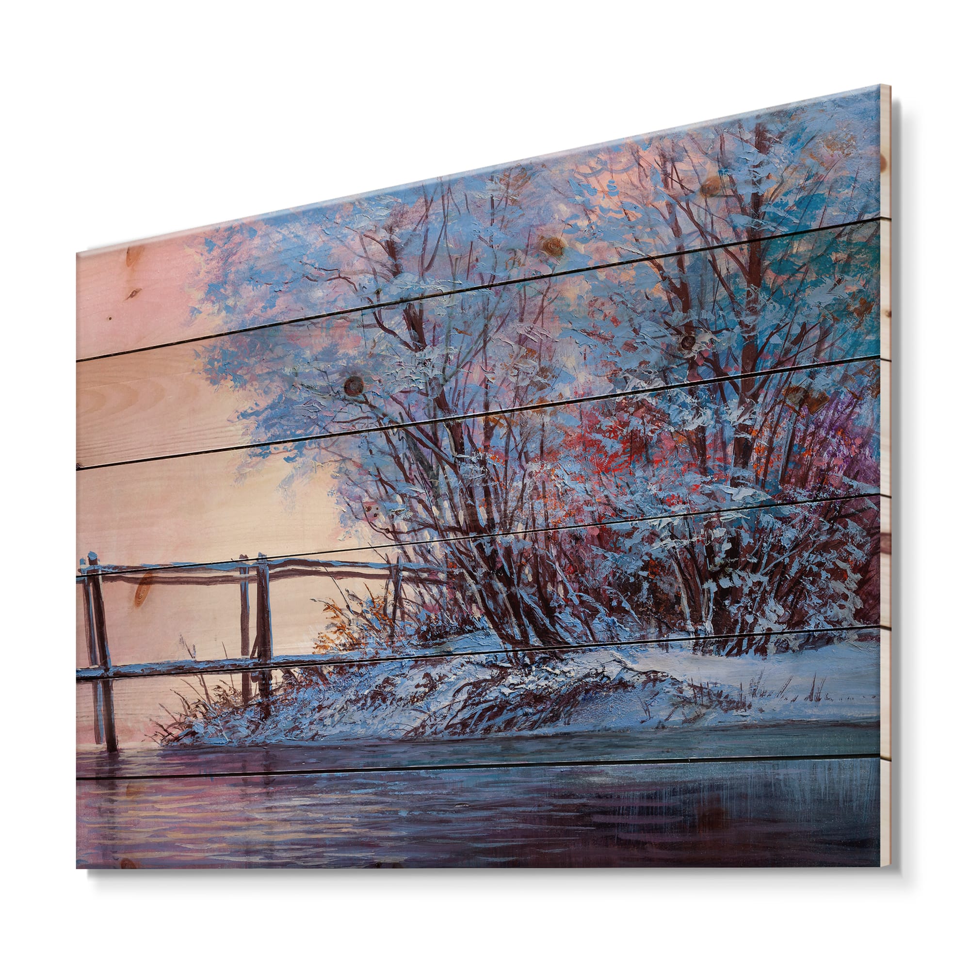 Designart - Winter Scenery With Bridge Of Meandering River I - Lake House Print on Natural Pine Wood