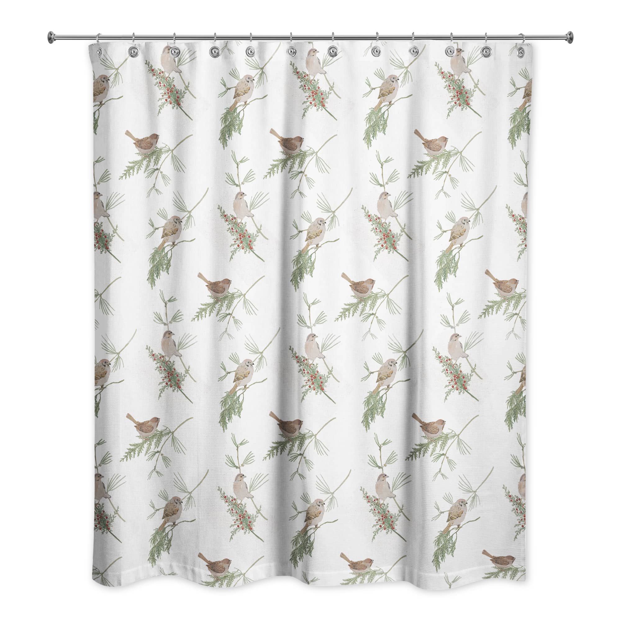 Pine & Birds on White Shower Curtain