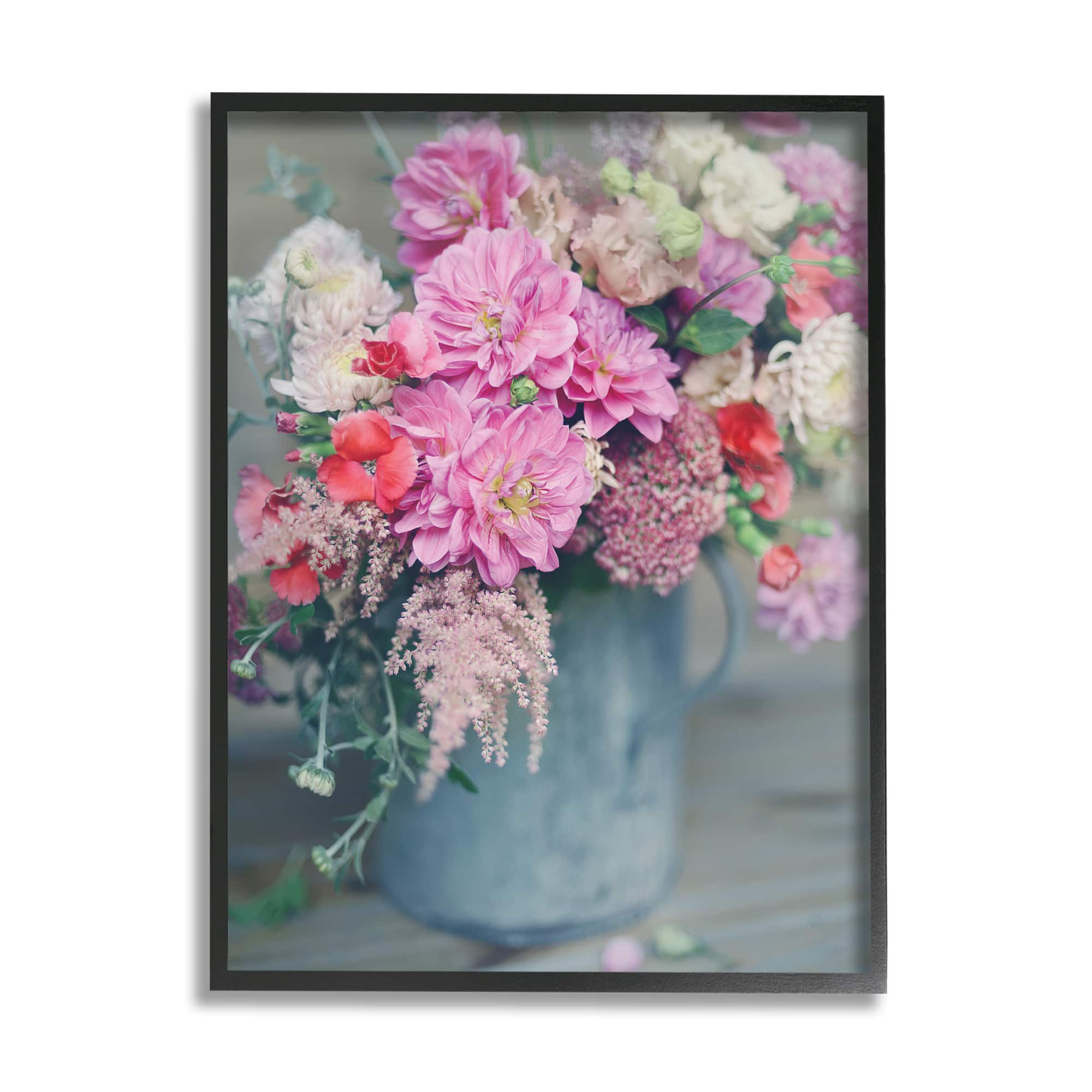 Stupell Industries Pink Floral Arrangement Soft Focus Grey Pot in Black Frame Wall Art