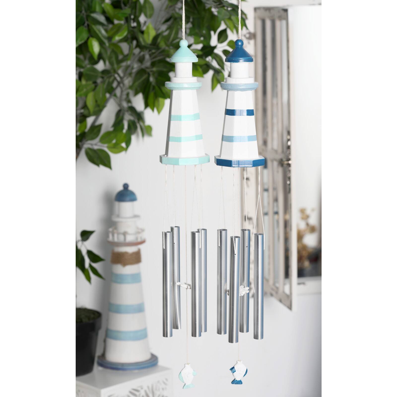Set of 2 White Aluminum Coastal Wind Chimes, 4" x 30" Each