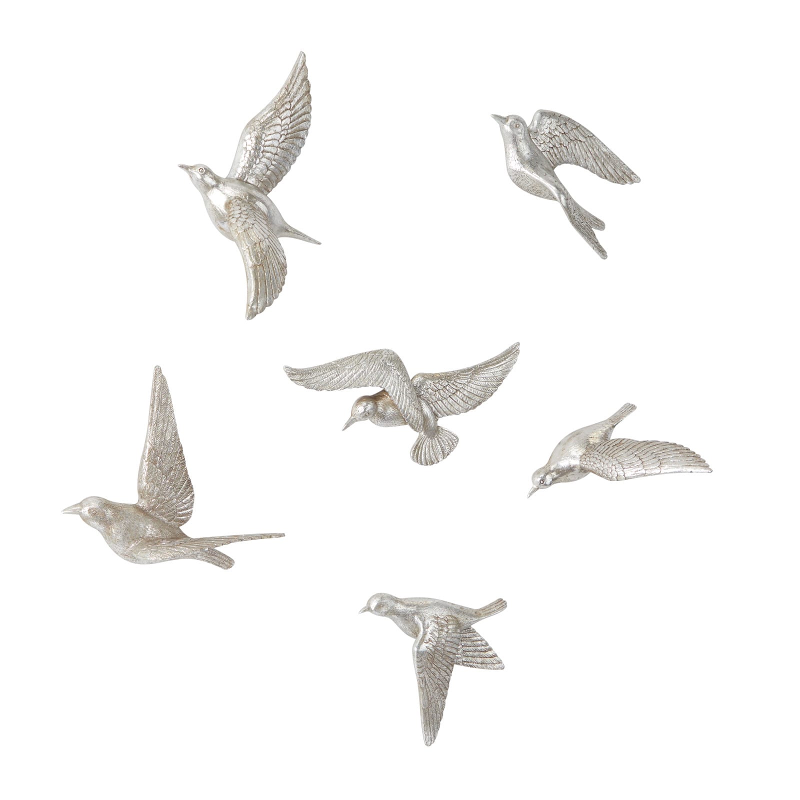 Set of 6 Silver Polystone Contemporary Birds Wall Decor 14 x 10 x 7 By Ivory And Iris