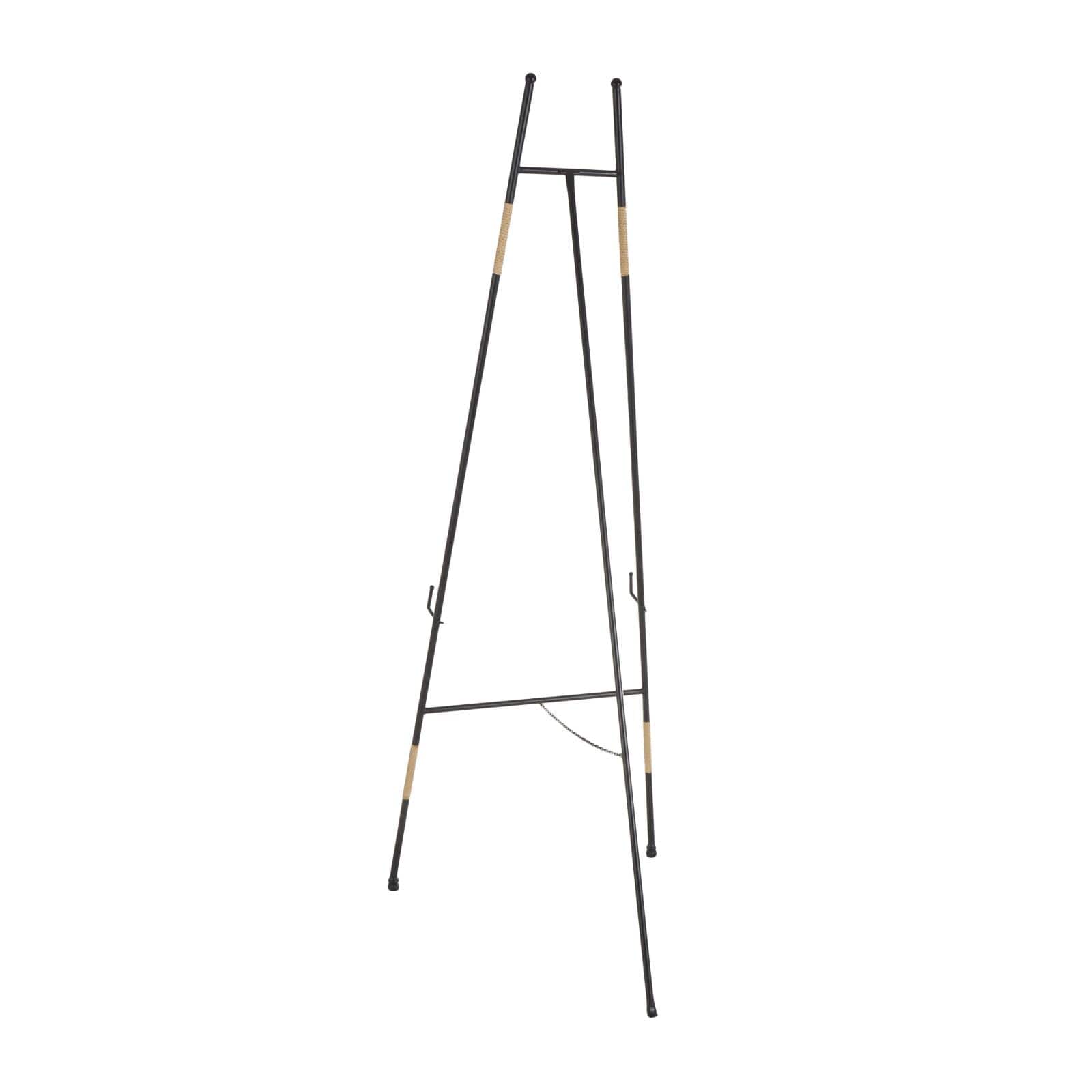 64" Black Metal Slim Foldable 2-Tier Easel with Wrapped Rattan Accents
