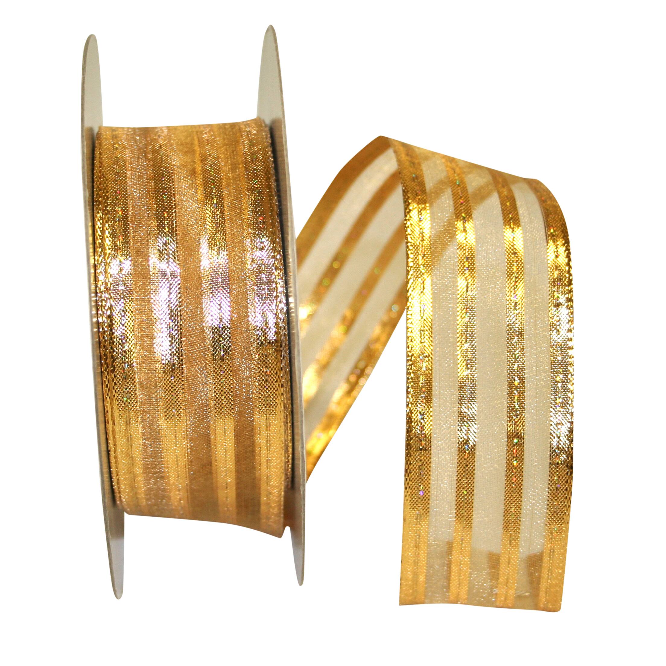 JAM Paper 1.5" x 50yd. Gold Wired Metallic Stripe Value Ribbon