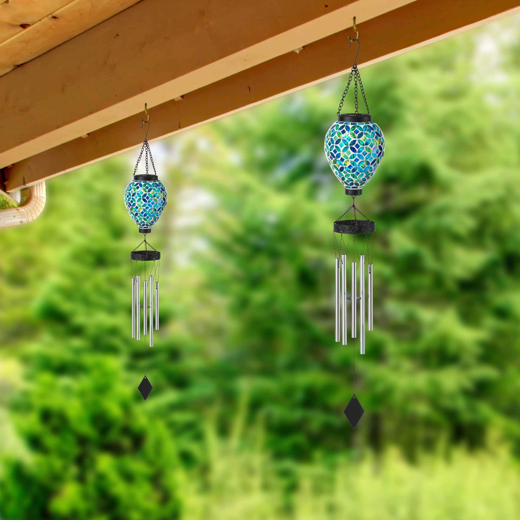 Glitzhome® 37" Blue & Green Solar Lighted Metal & Glass Mosaic Windchime
