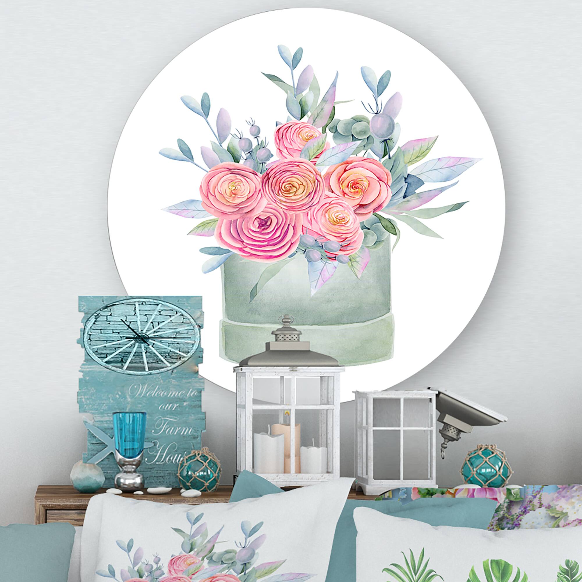Designart - Gift Box With Pink Roses - Farmhouse Metal Circle Wall Art