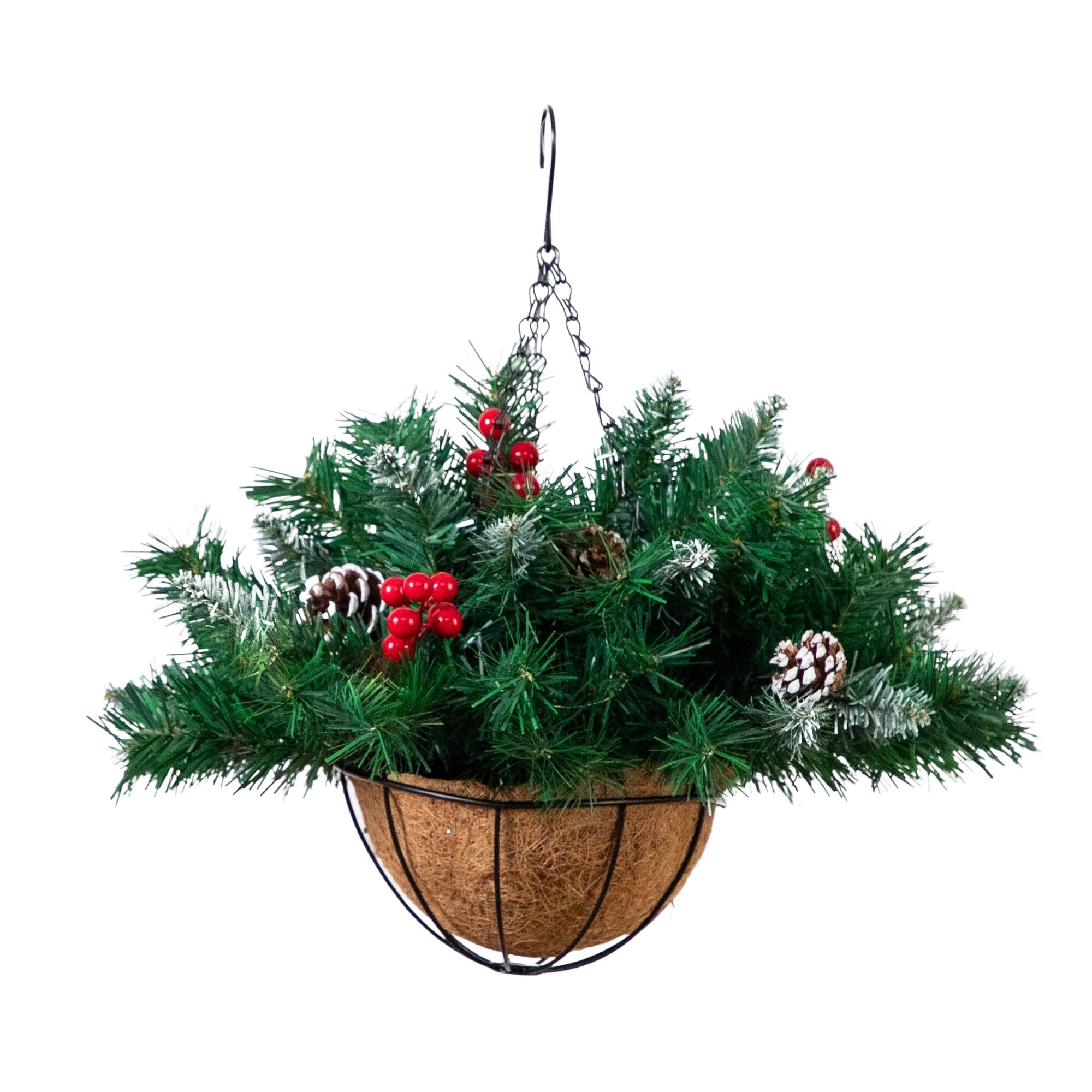 16" Artificial Pine & Berry Warm White LED Pre-Lit Hanging Basket