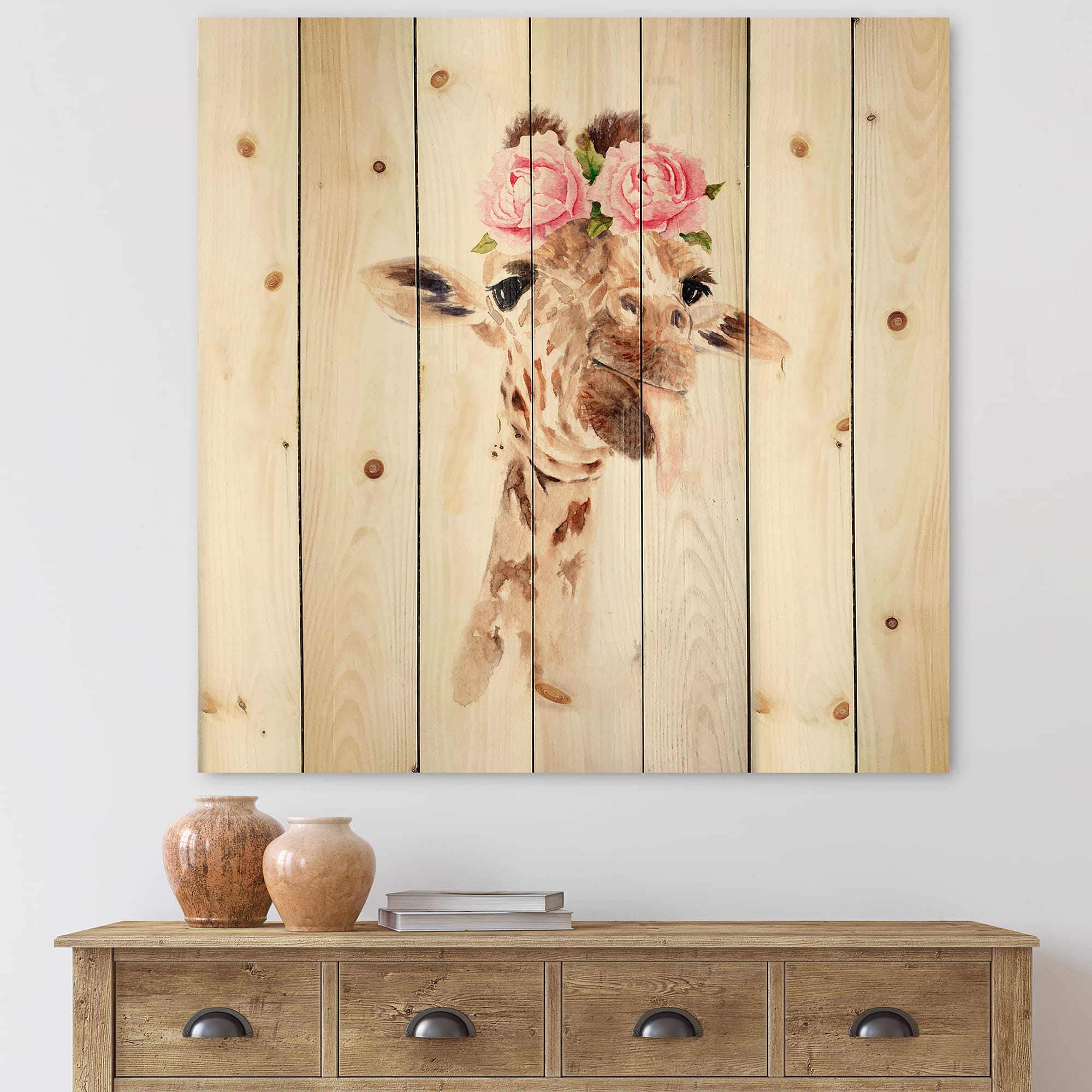 Designart - Portrait of A Giraffe With Flowers I - Farmhouse Print on Natural Pine Wood