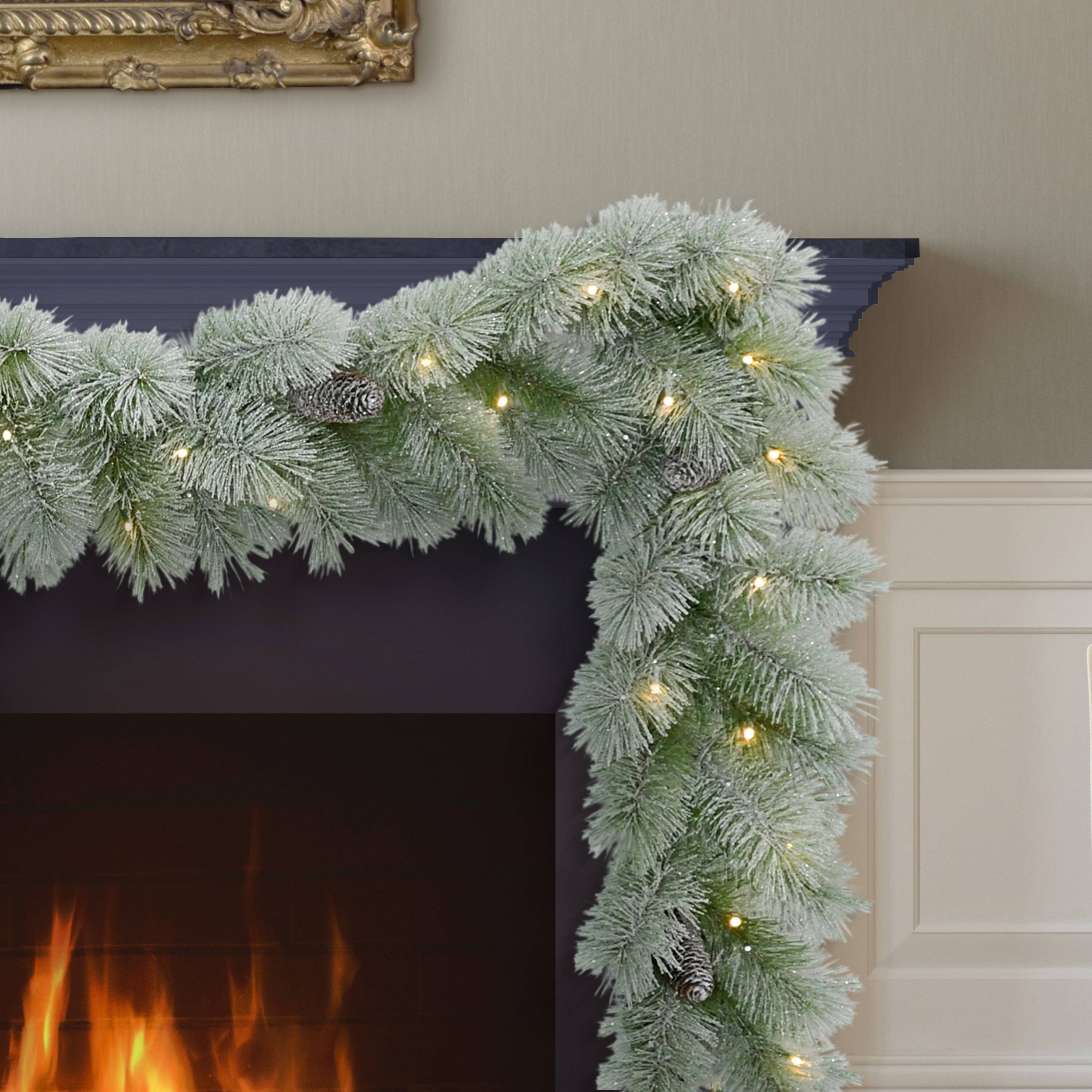 9ft. Pre-Lit Flocked Garland with Warm White LED Lights