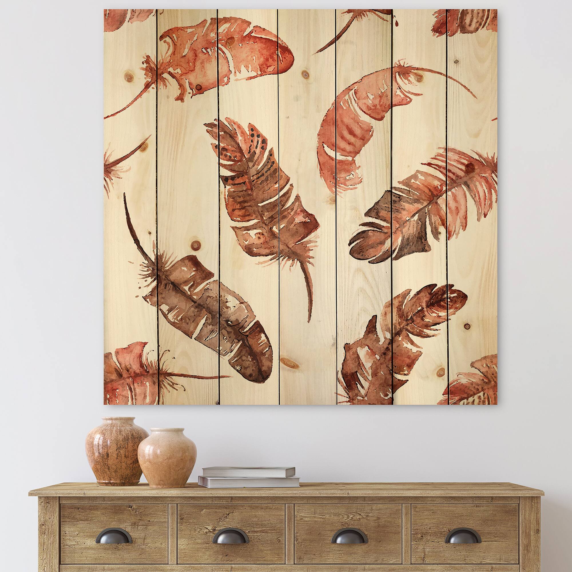 Designart - Ethinic Orange Feathers - Bohemian & Eclectic Print on Natural Pine Wood
