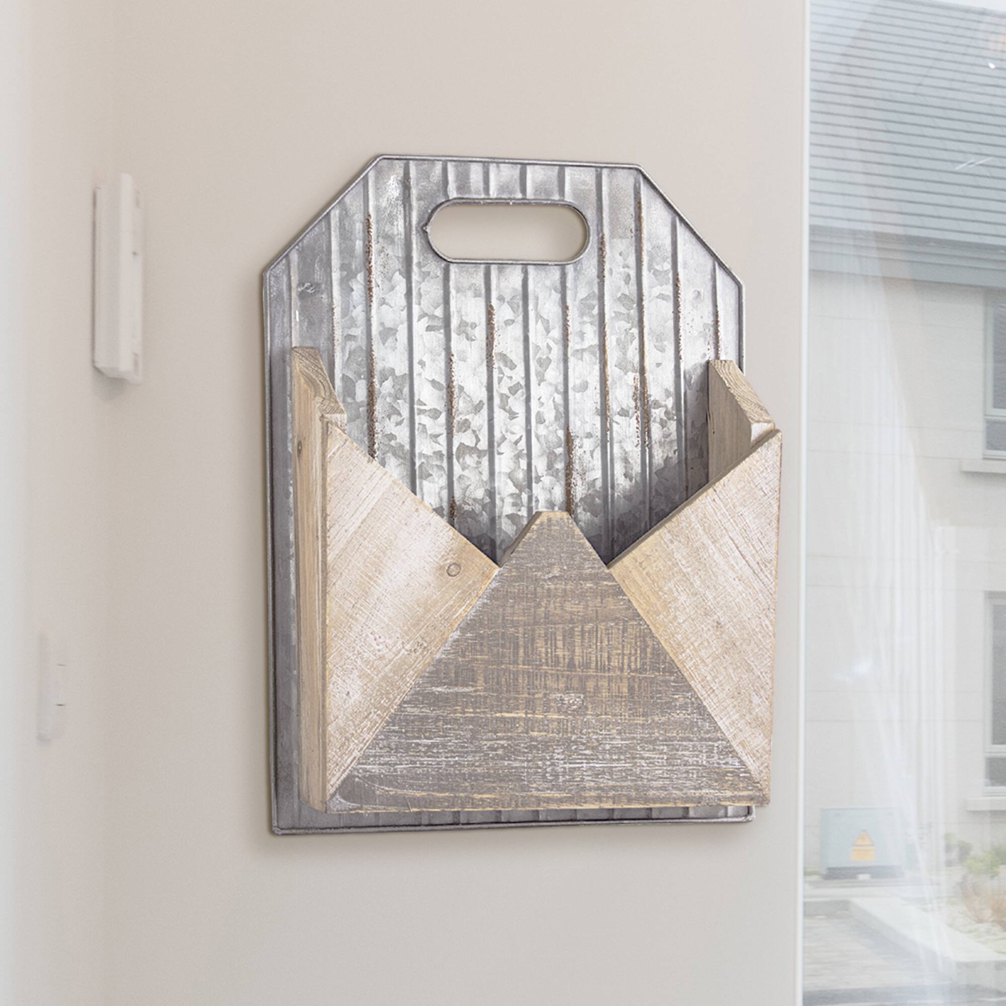 Galvanized Metal &#x26; Wood Envelope Wall Organizer