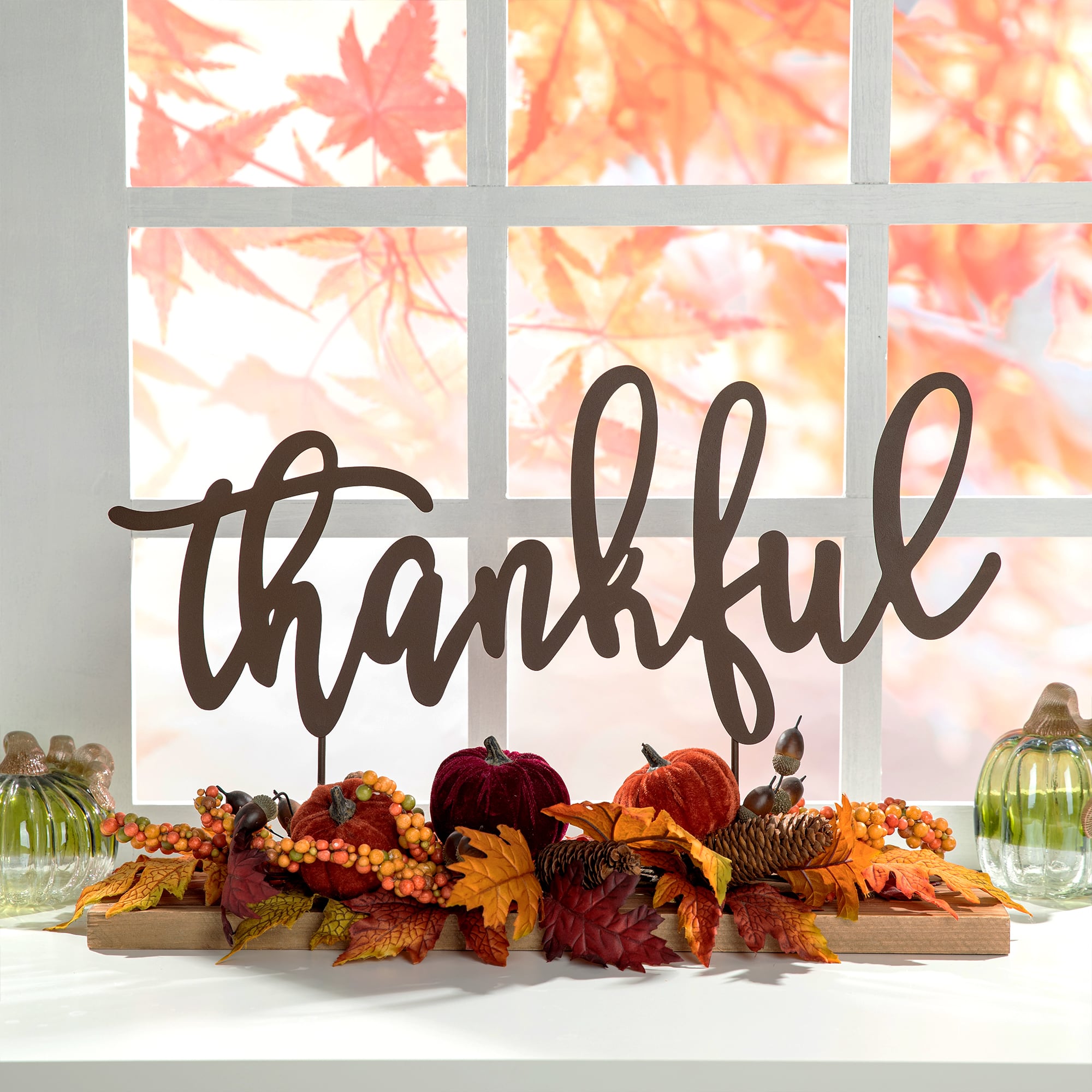 24&#x22; GlitzHome&#xAE; Thankful Floral Tabletop Sign