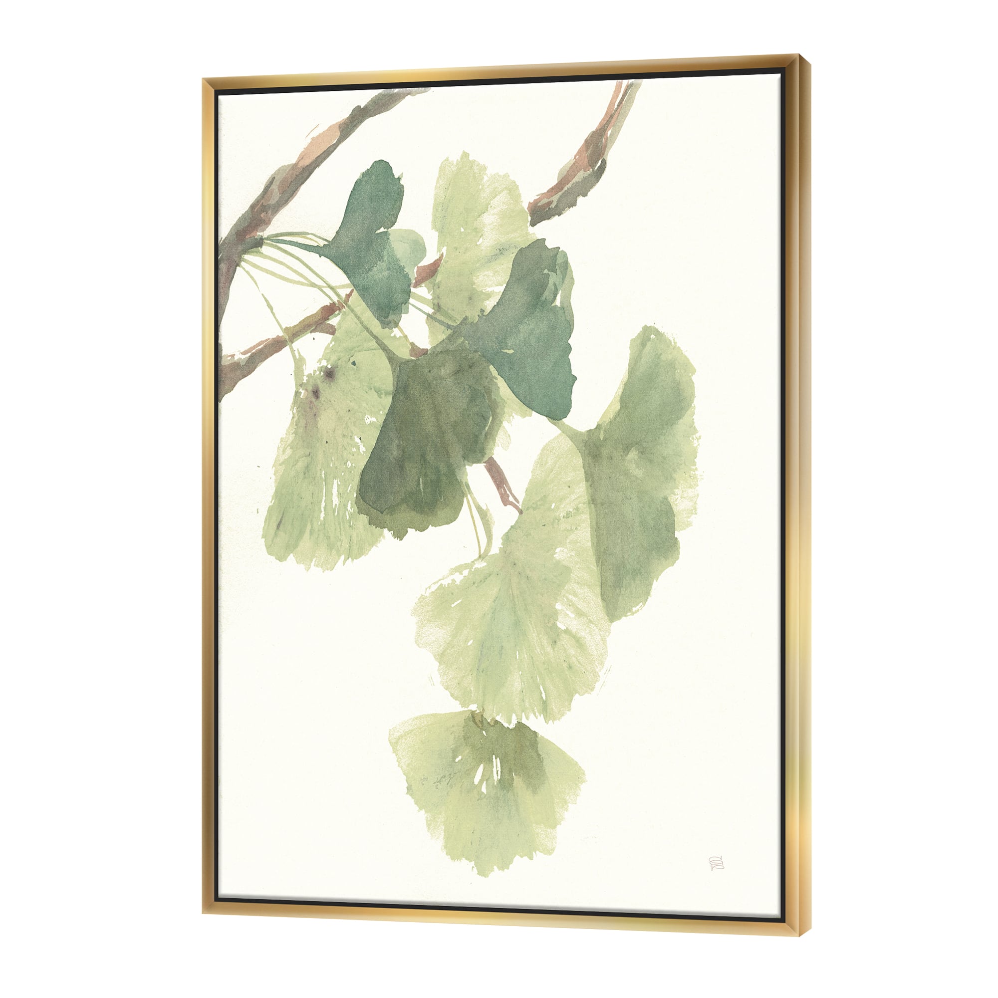 Designart - Watercolor Gingko Leaves I - Cabin & Lodge Canvas in Gold Frame
