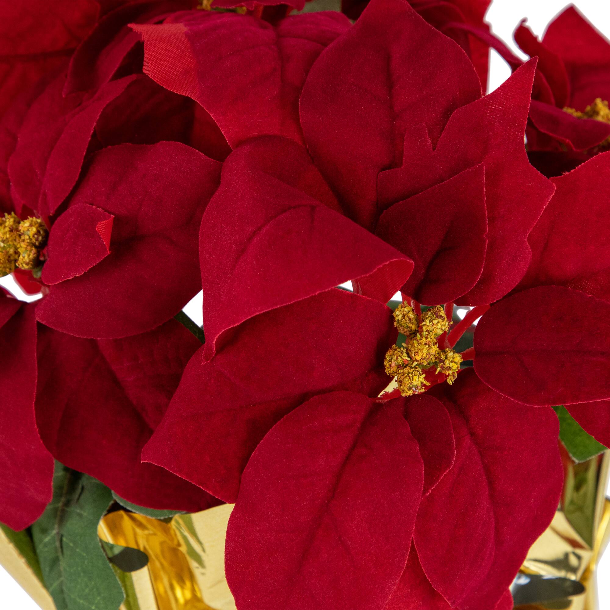 16" Red & Gold Artificial Christmas Poinsettia Arrangement in Wrapped Pot