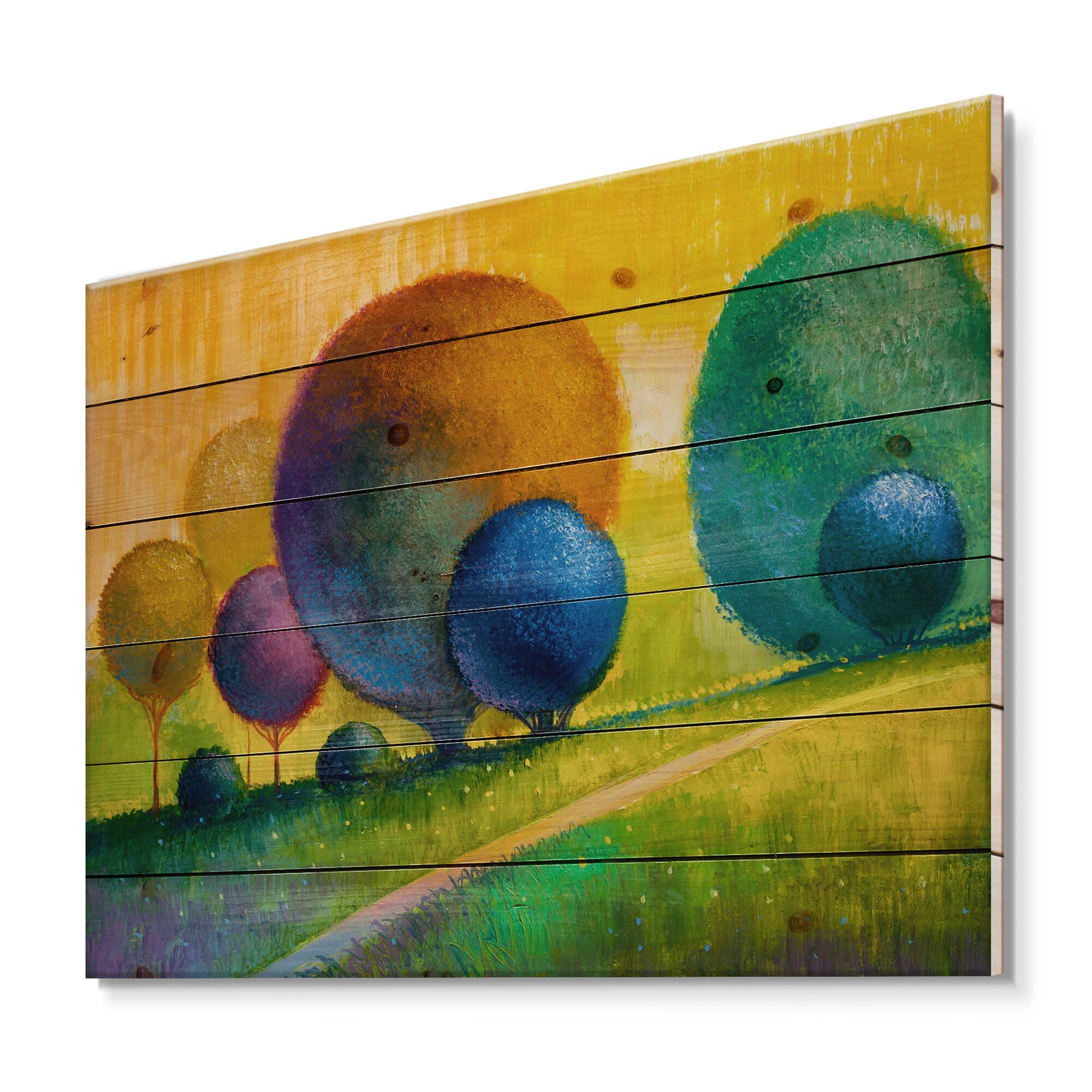 Designart - Colourful Ornamental Trees III - Modern Print on Natural Pine Wood