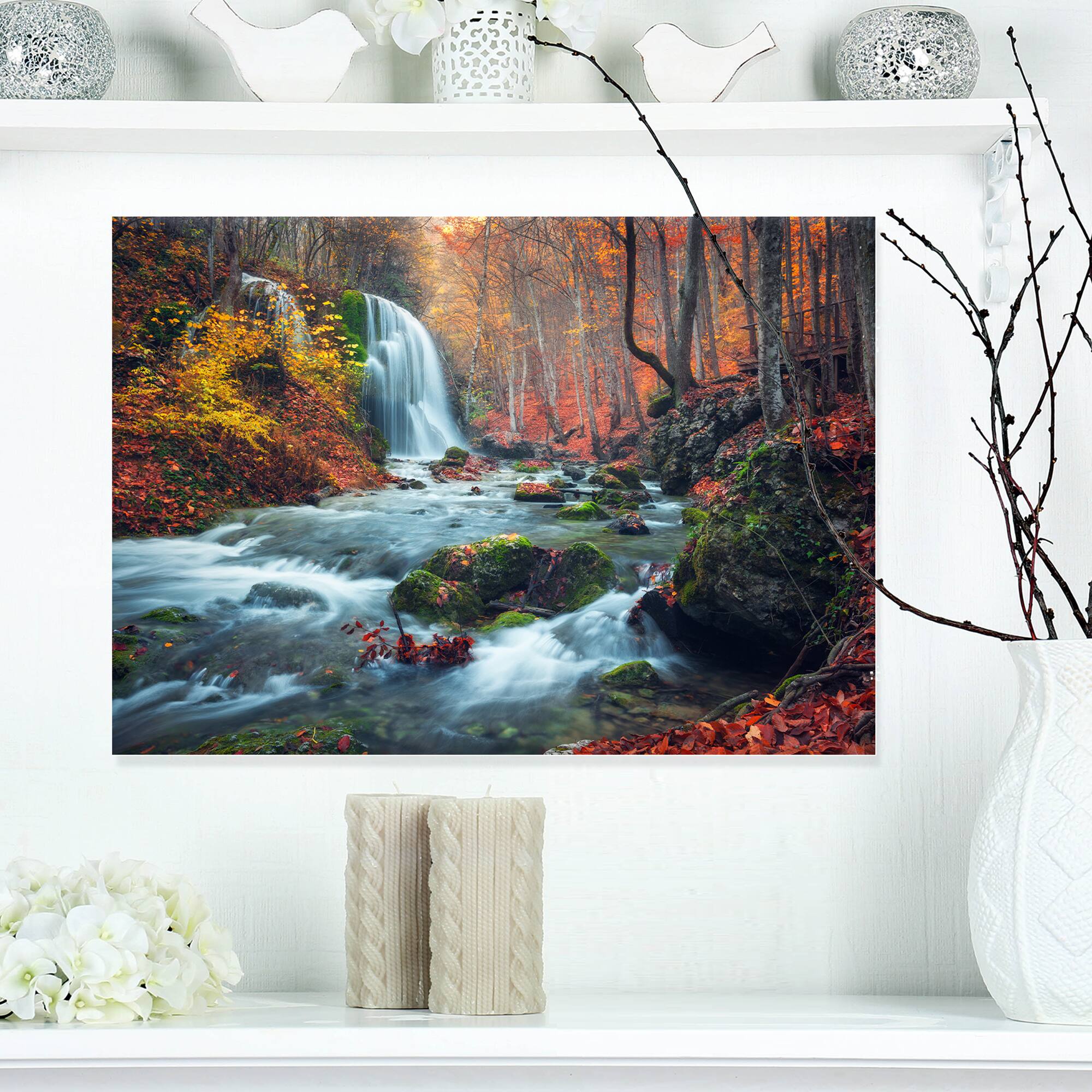 Designart - Autumn Mountain Waterfall Long View - Landscape Photography Canvas Print