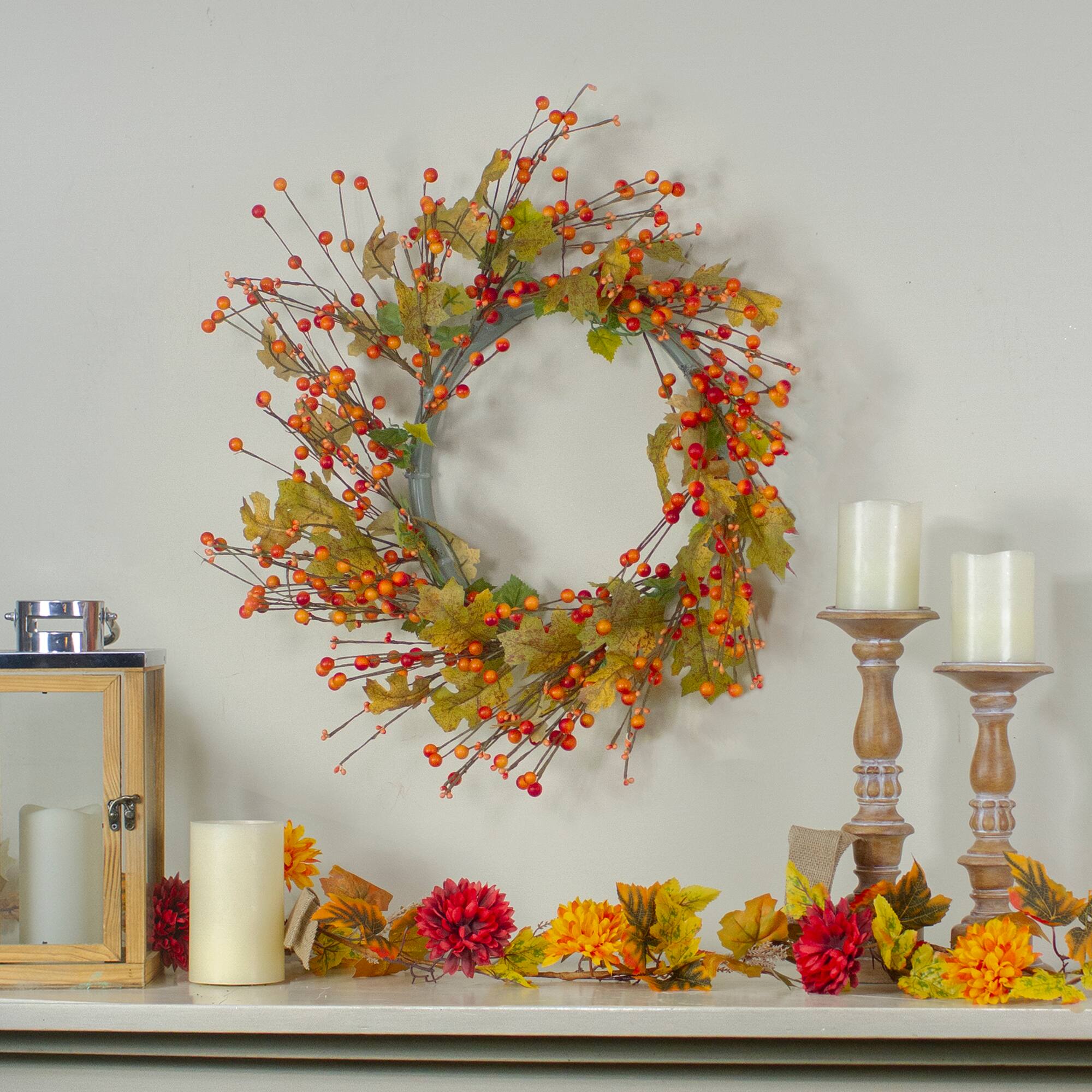 22" Orange Berries & Yellow Leaves Fall Harvest Wreath