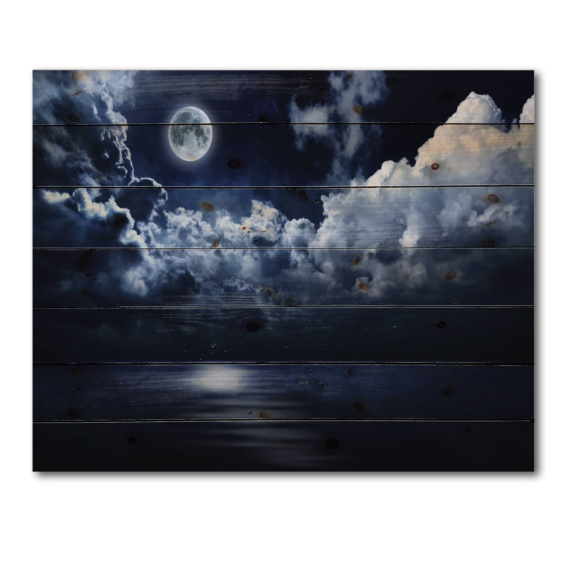Designart - Full Moon in Cloudy Night Sky - Modern Print on Natural Pine Wood