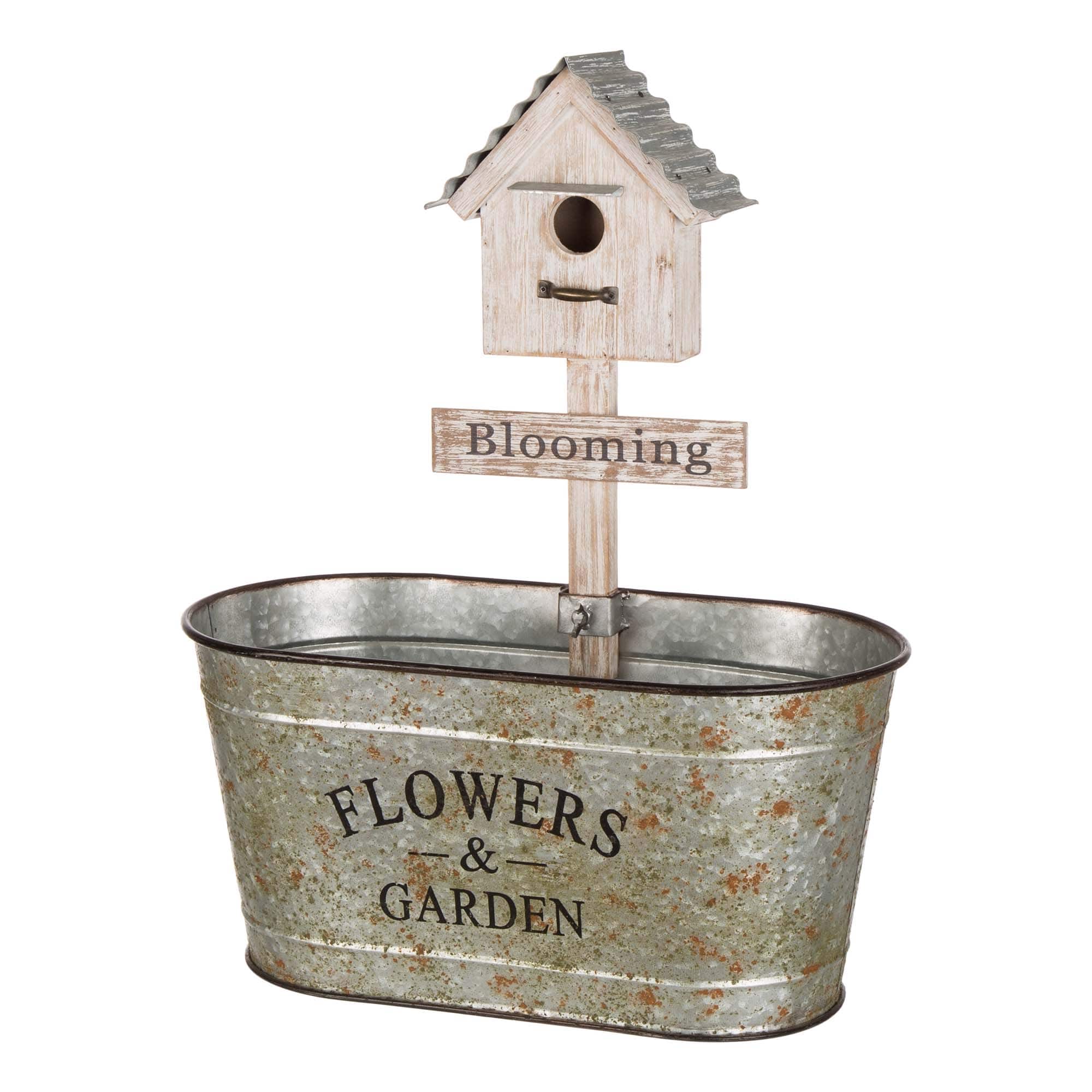Image of Galvanized planter with a birdhouse