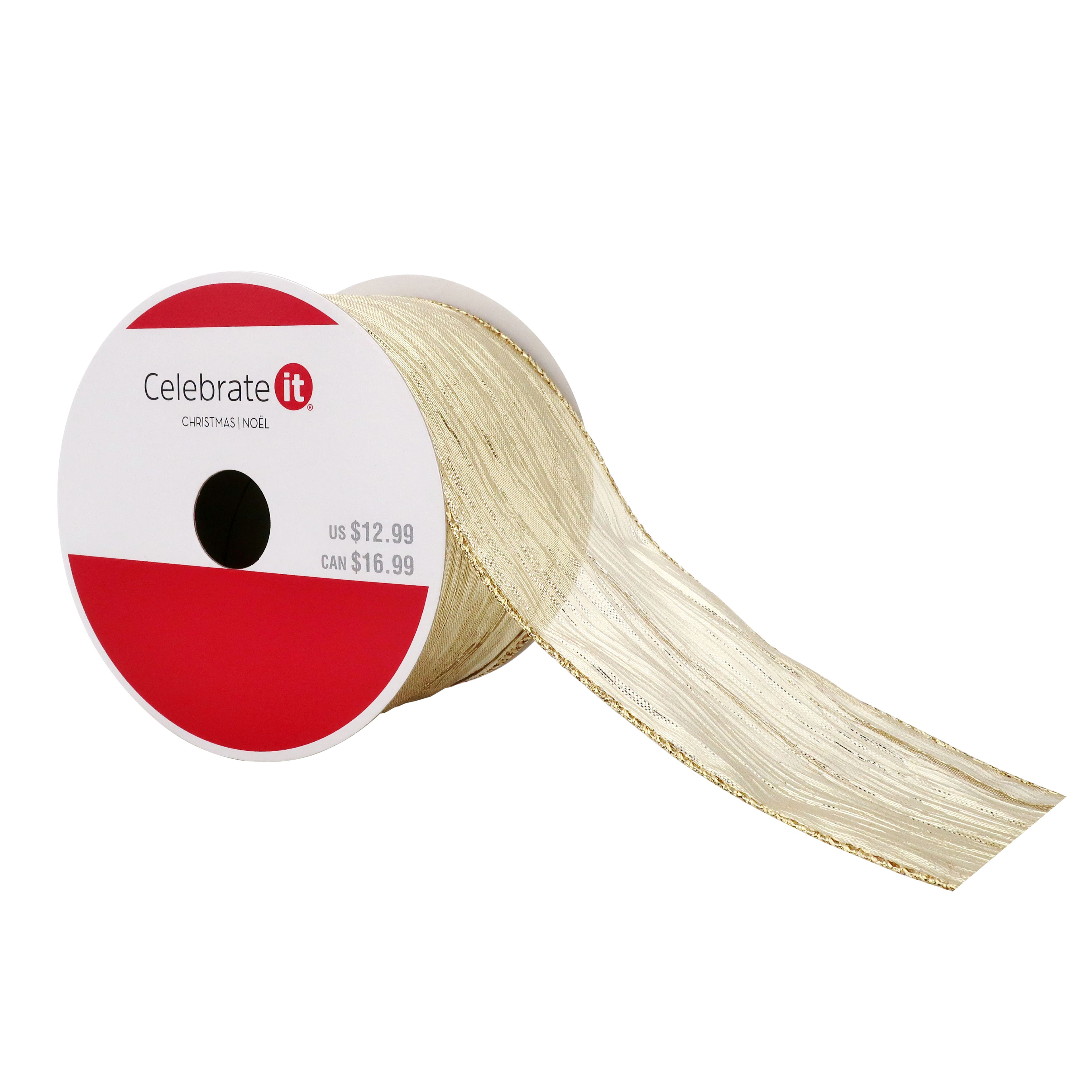 2.5&#x22; x 20ft. Metallic Gold Wired Sheer Crinkle Ribbon by Celebrate It&#xAE; Christmas