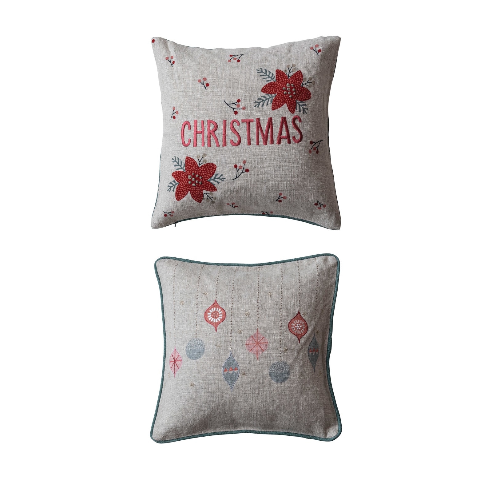 Hello Honey&#xAE; 18&#x22; Poinsettia Christmas &#x26; Ornament Linen Blend Pillow Set