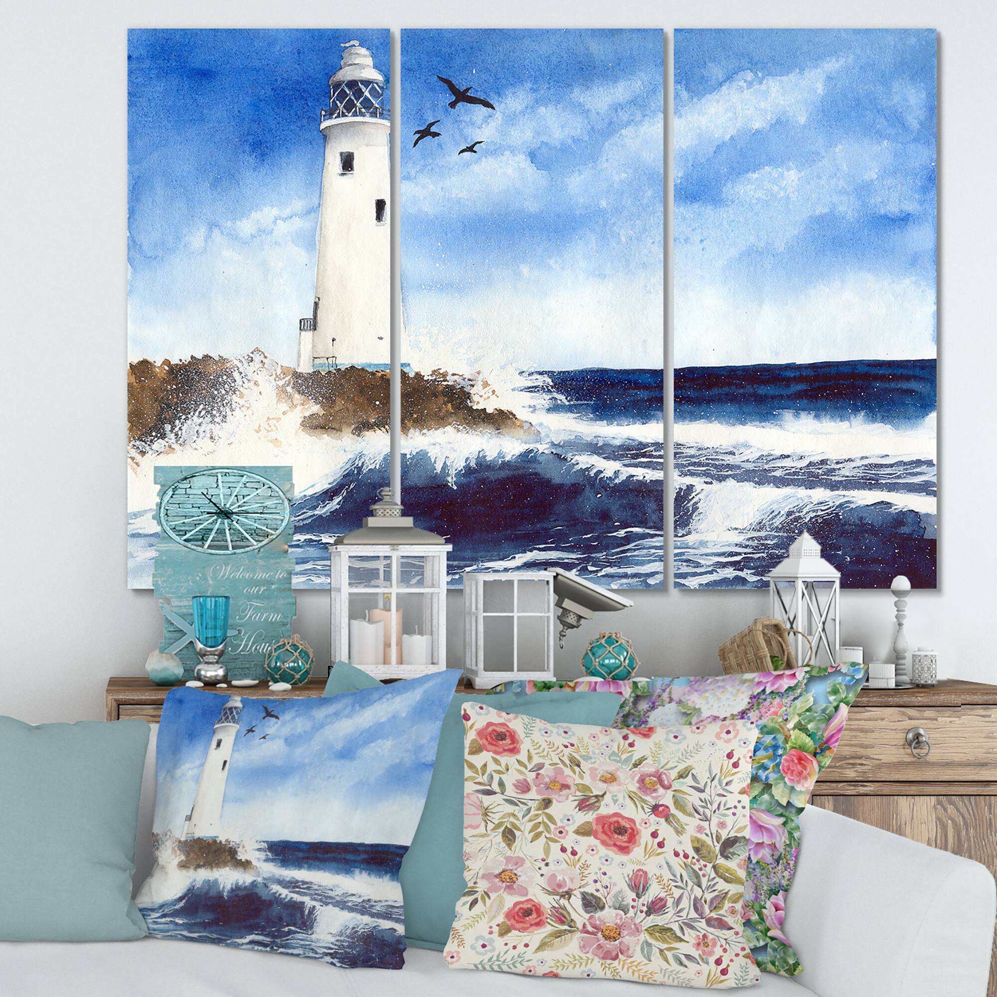 Designart - Lighthouse On The Rocky Island With Seagulls