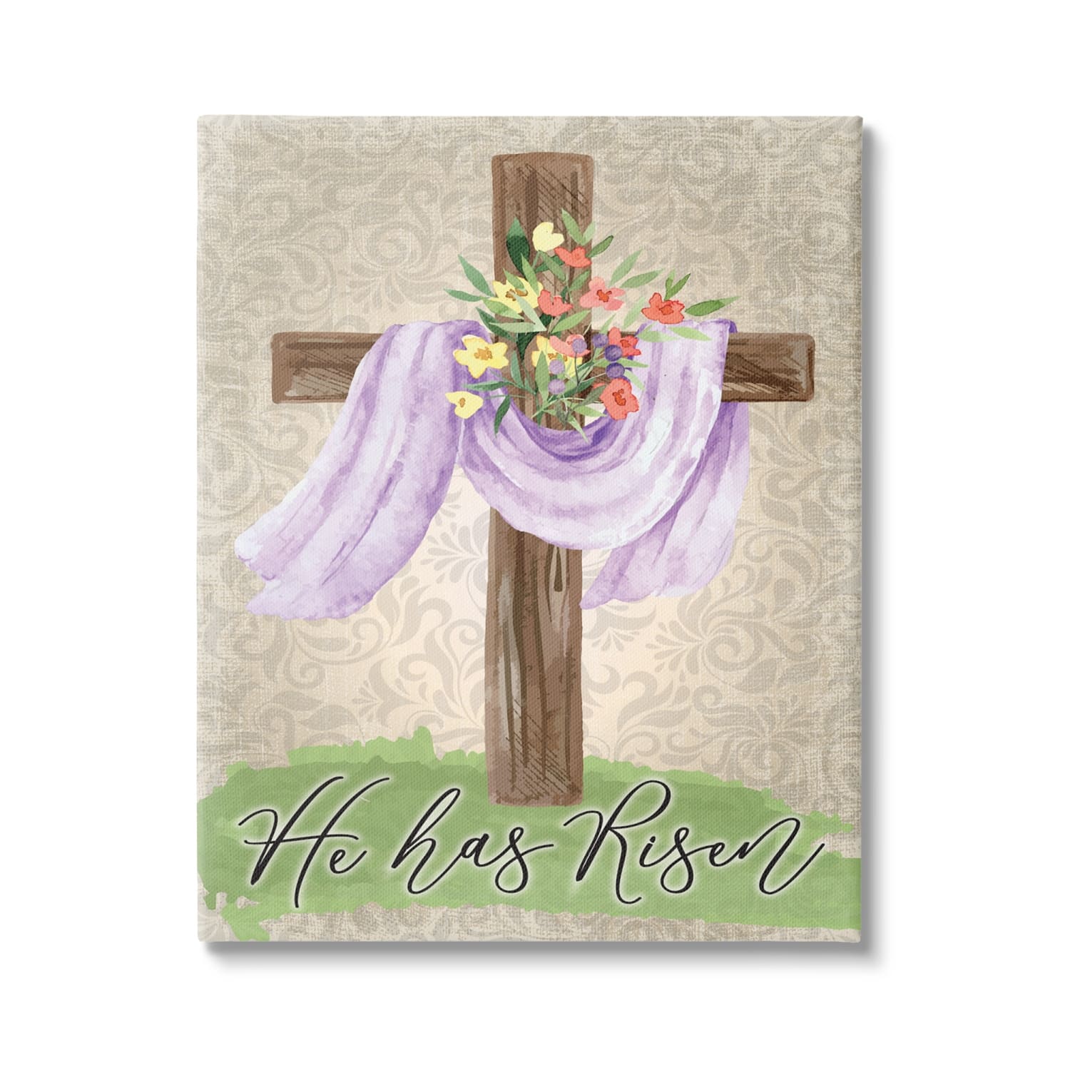Stupell Industries He Has Risen Spring Floral Cross Brown Damask Pattern Canvas Wall Art