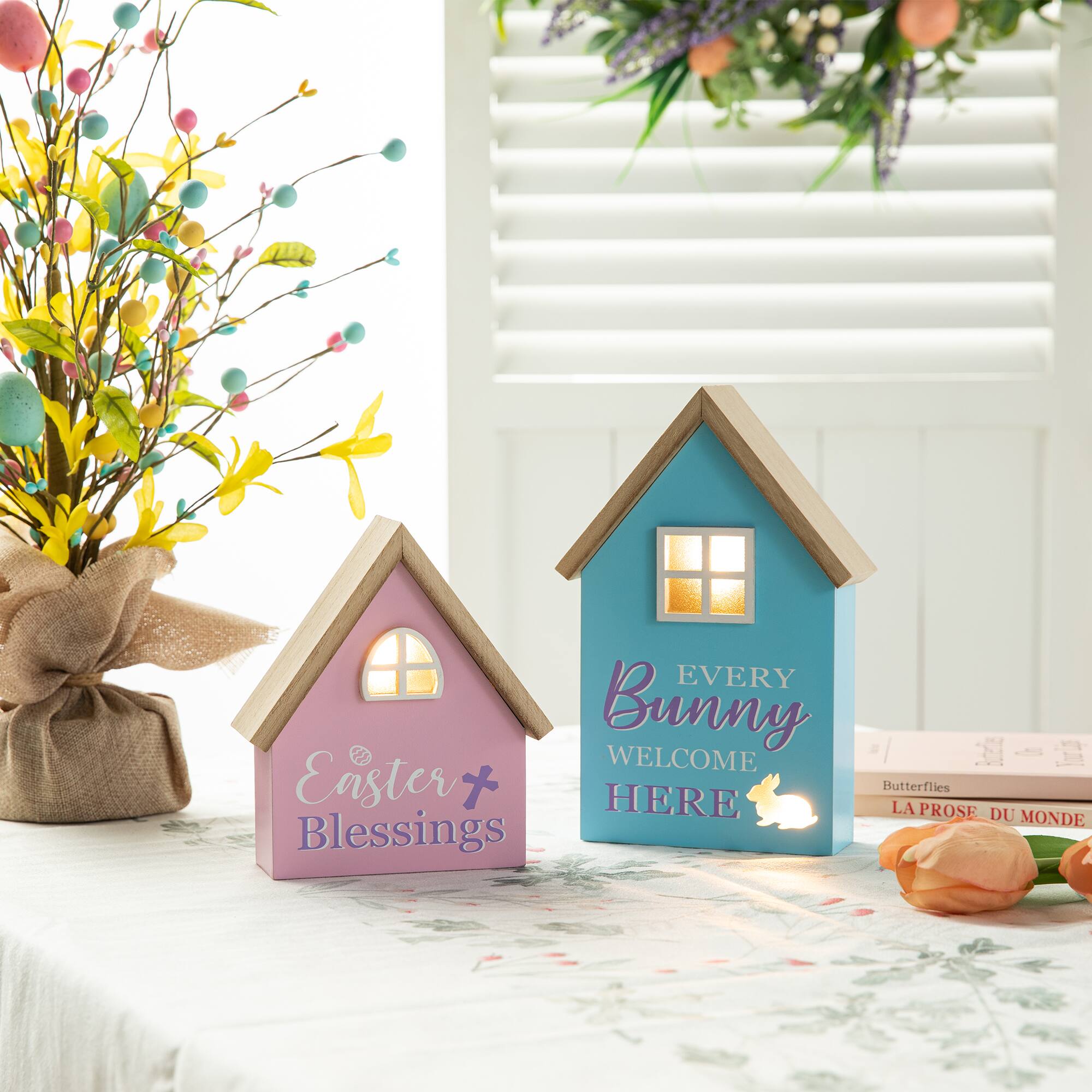 Glitzhome® Lighted Easter Wooden House-Shaped Table Décor Set