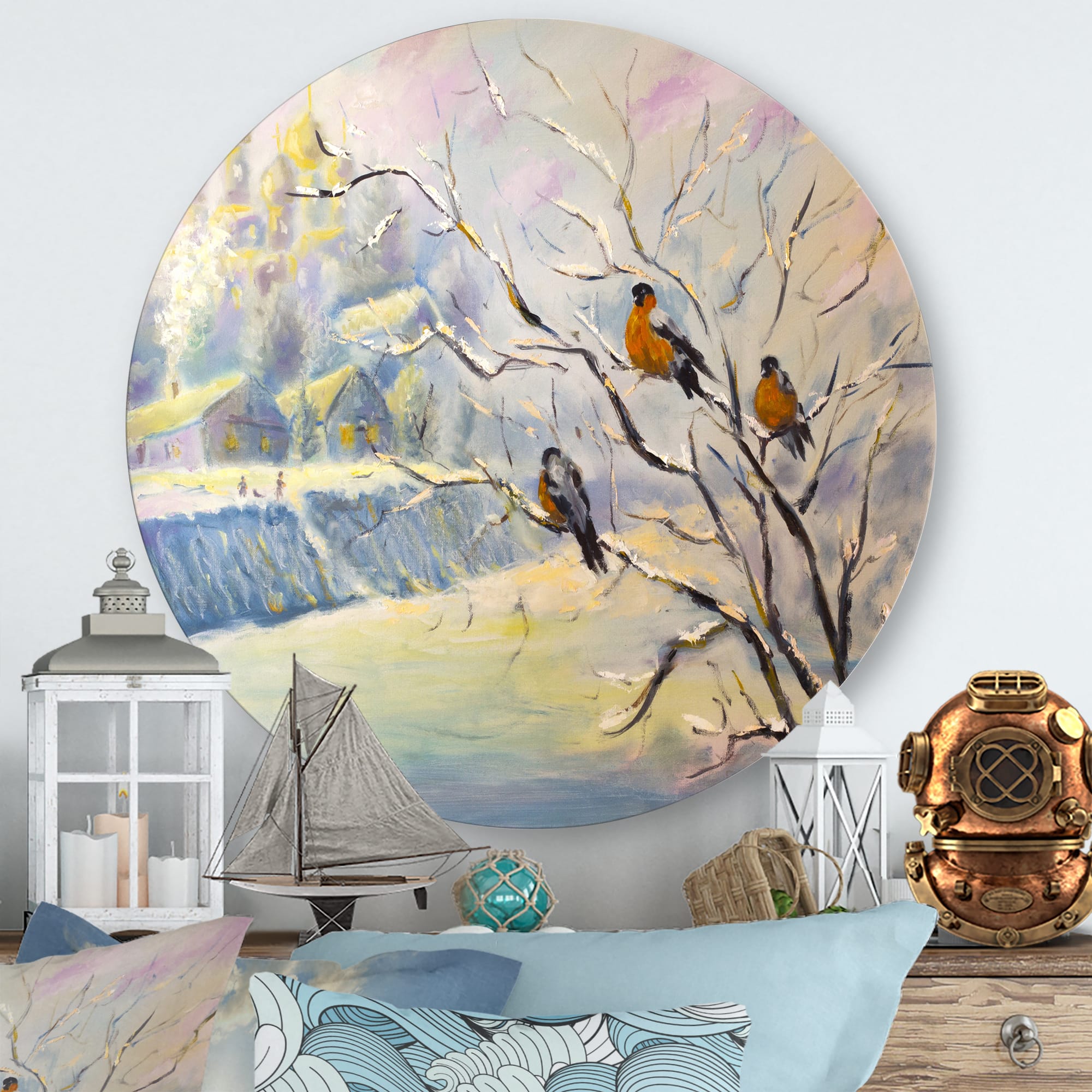 Designart - Rustic Birds On A Tree In Winter Village - Farmhouse Metal Circle Wall Art