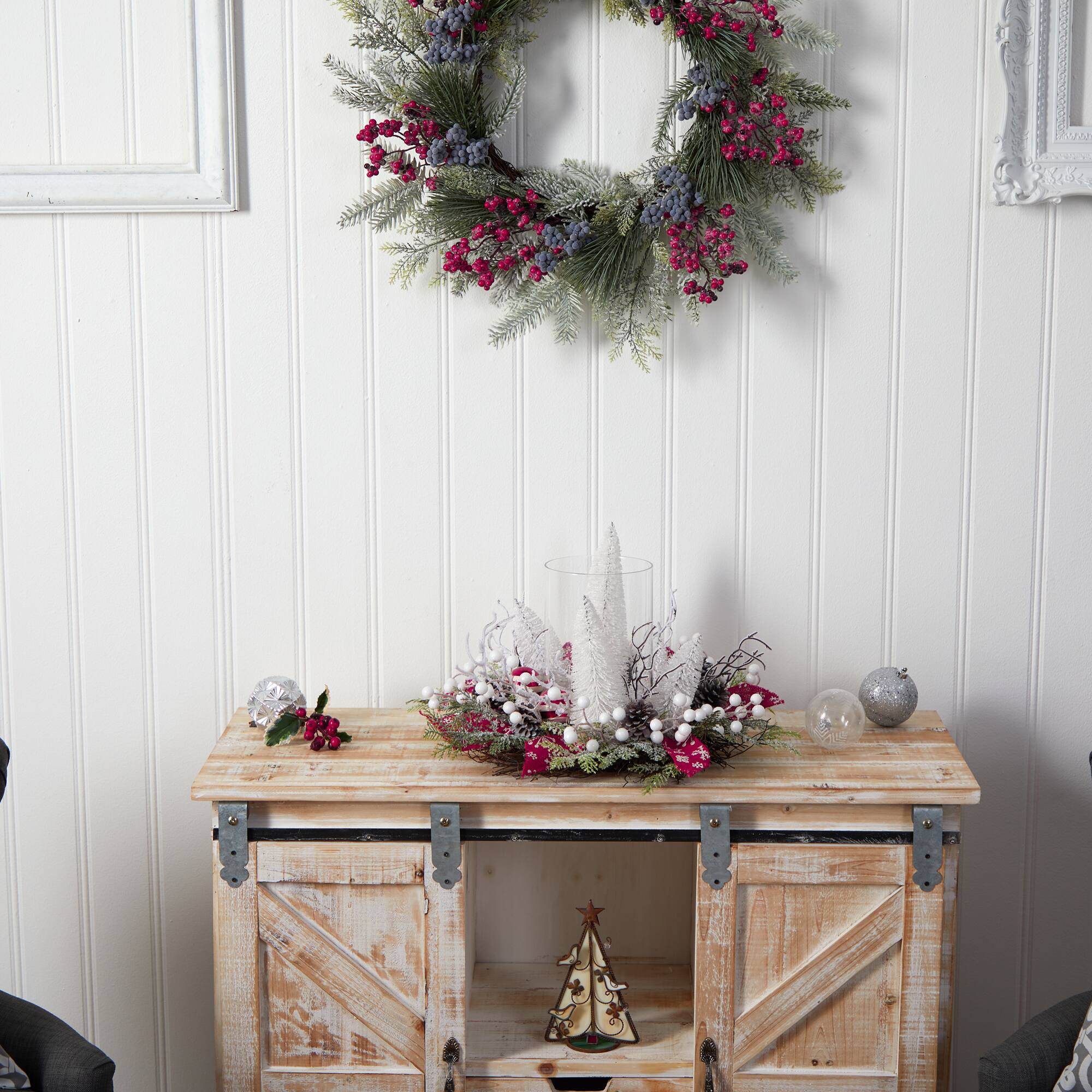 15" Christmas Lighted Forest Candle Holder Arrangement