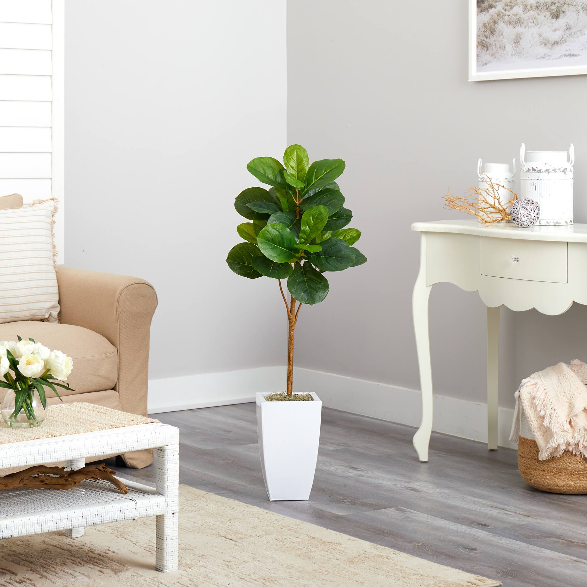 45" Fiddle Leaf Tree in White Metal Planter