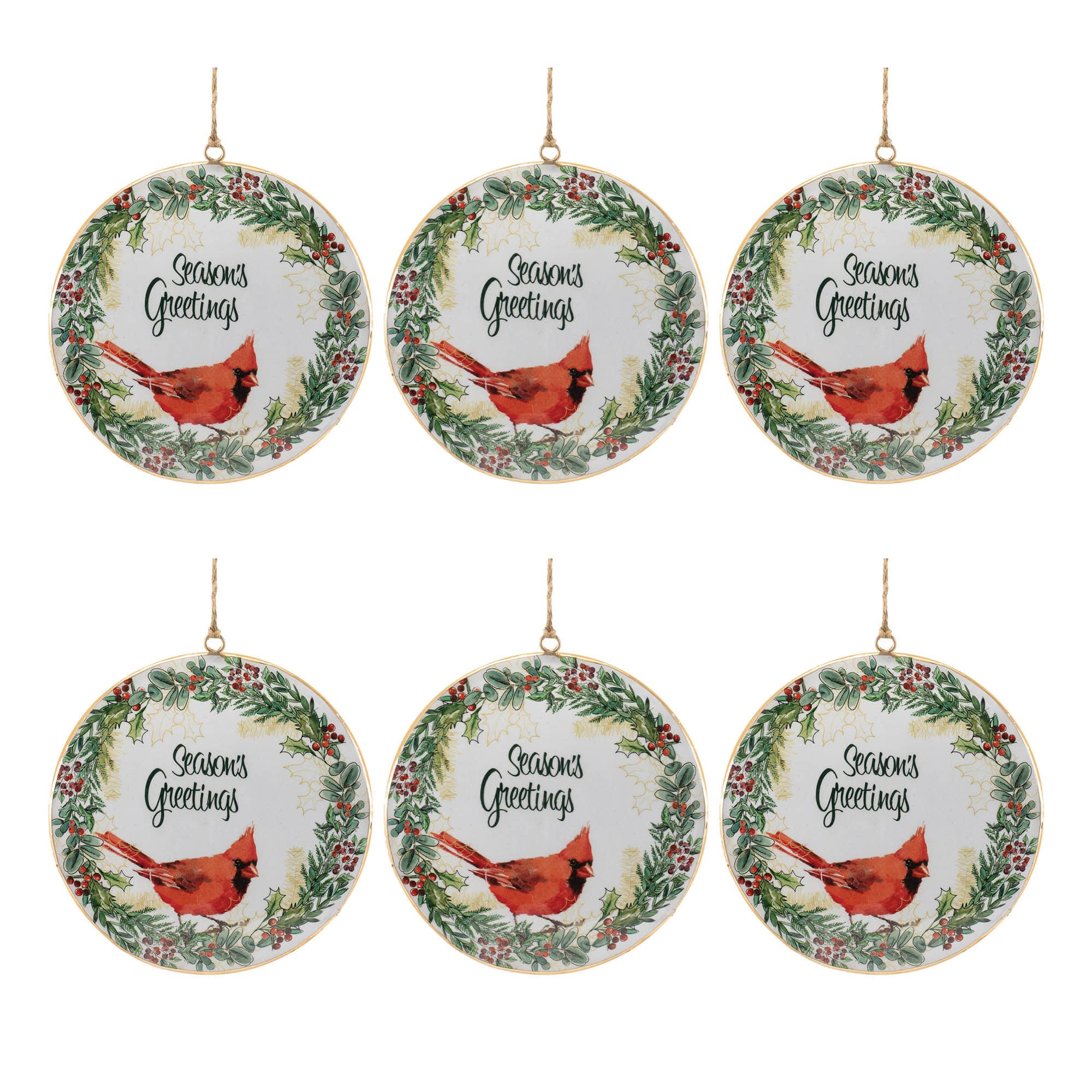 5.75" Cardinal Seasons Greetings Disc Ornaments, 6ct.