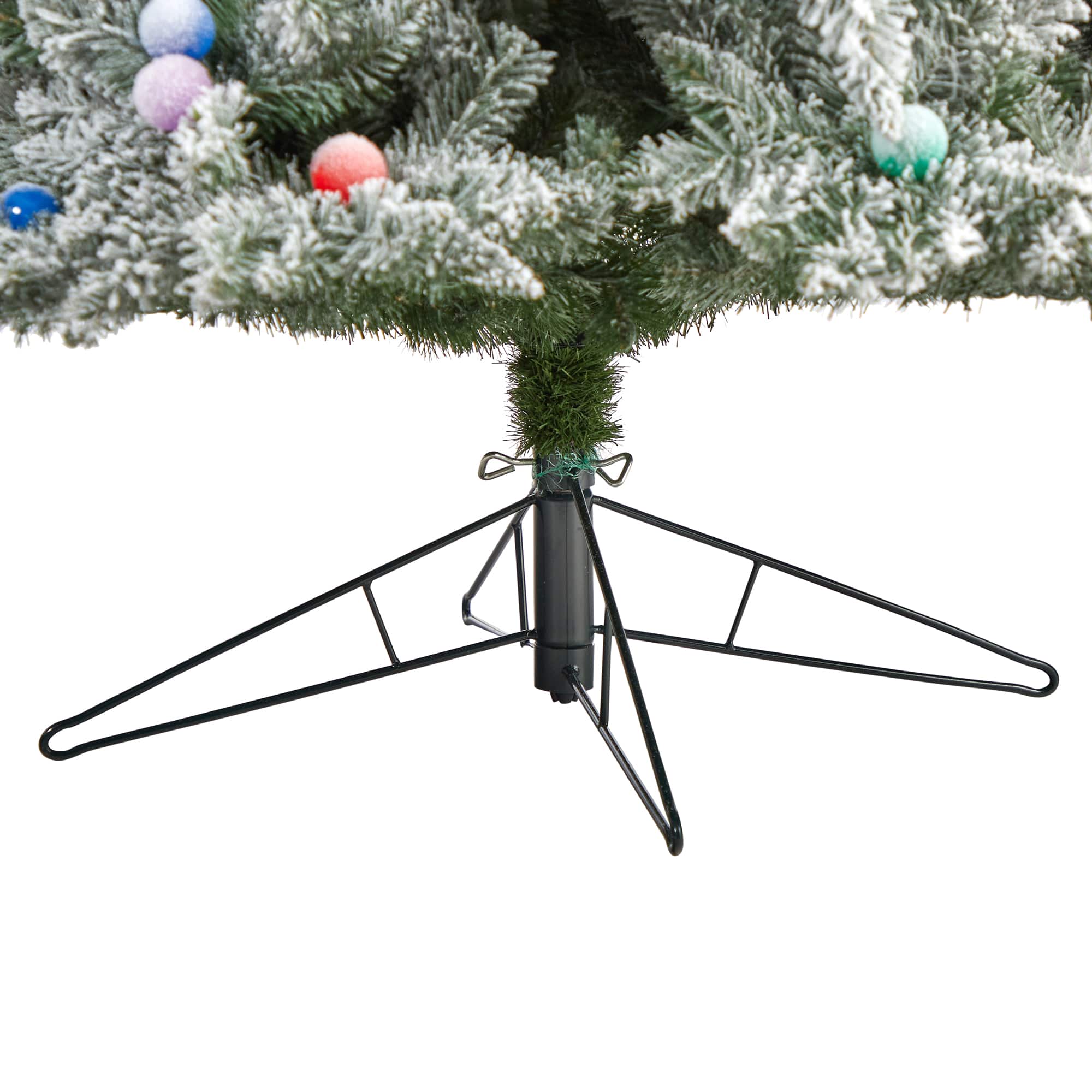 9.5ft. Pre-Lit Flocked British Columbia Mountain Fir Artificial Christmas Tree, Multicolor Globe Bulbs