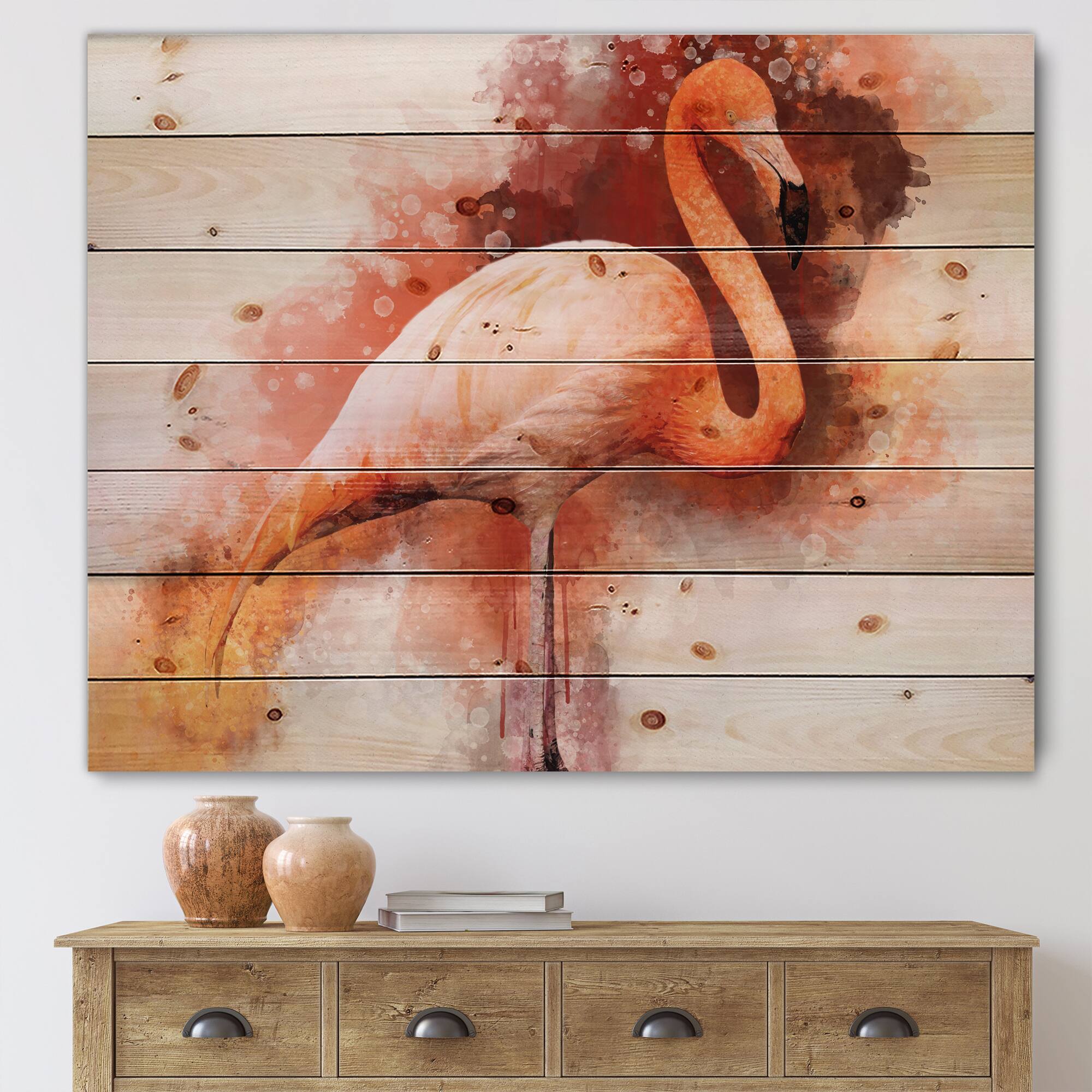 Designart - Portrait of Pink Flamingo II - Farmhouse Print on Natural Pine Wood