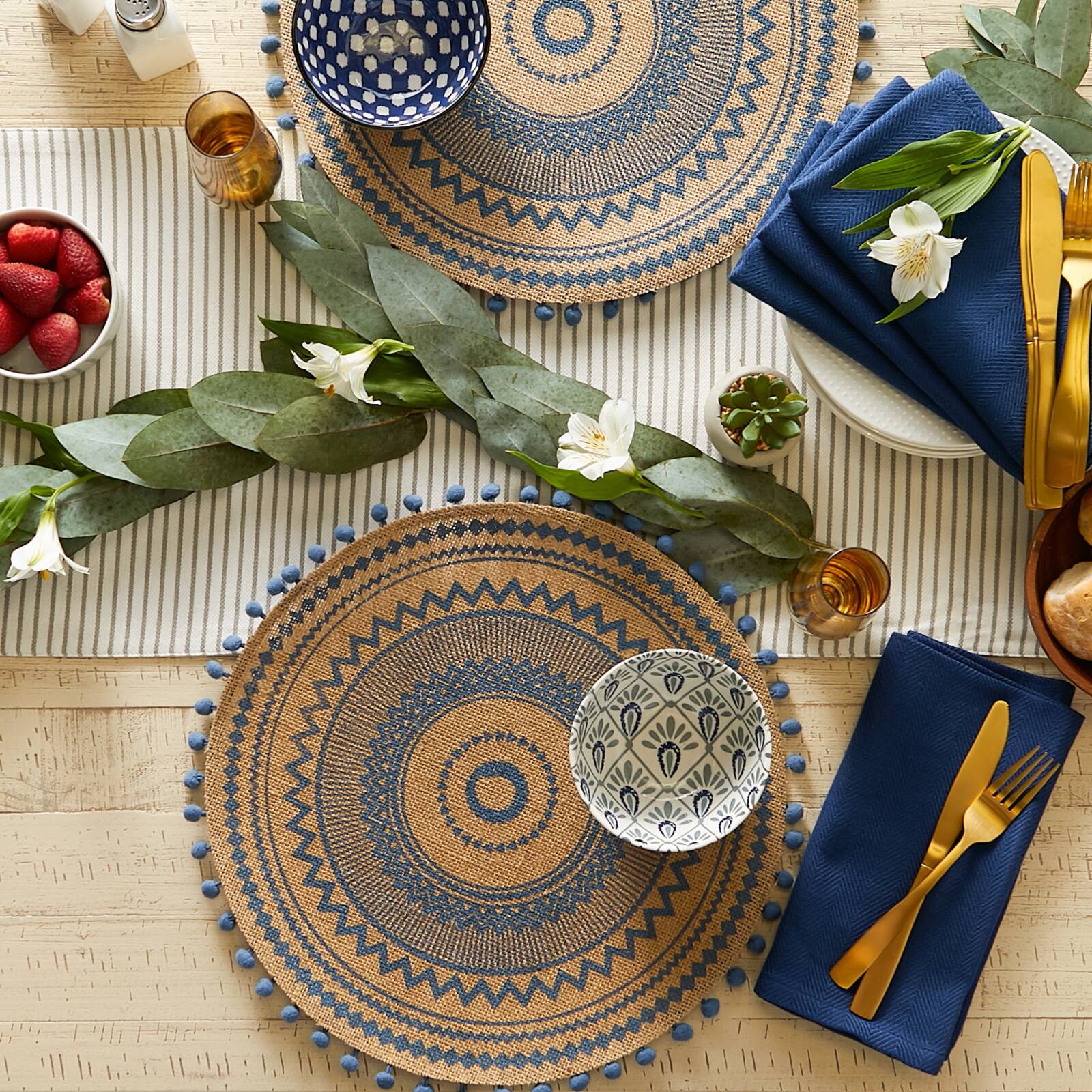 French Blue Aztec Print On Natural Round Jute Placemat (Set of 6)
