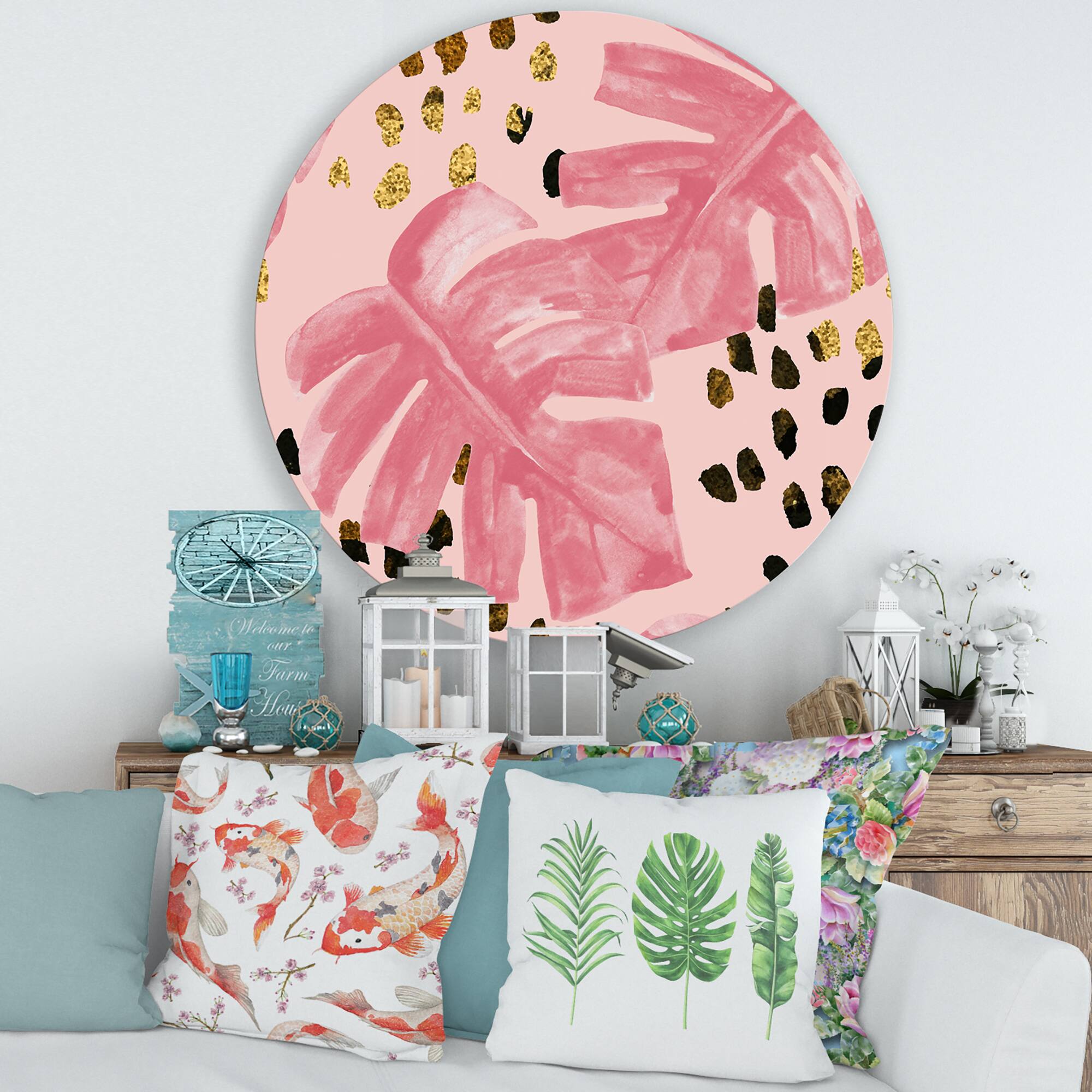 Designart - Pink Colored Monstera On Rough Brush Strokes I - Tropical Metal Circle Wall Art