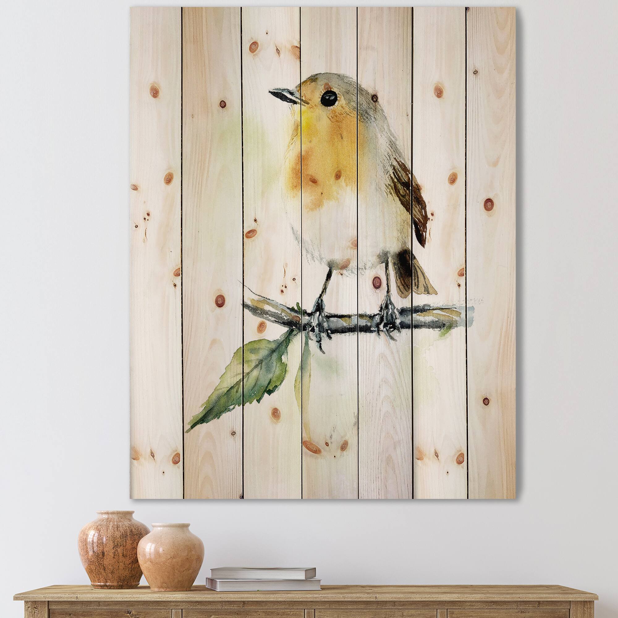 Designart - Little Robin Bird On A Branch - Traditional Print on Natural Pine Wood