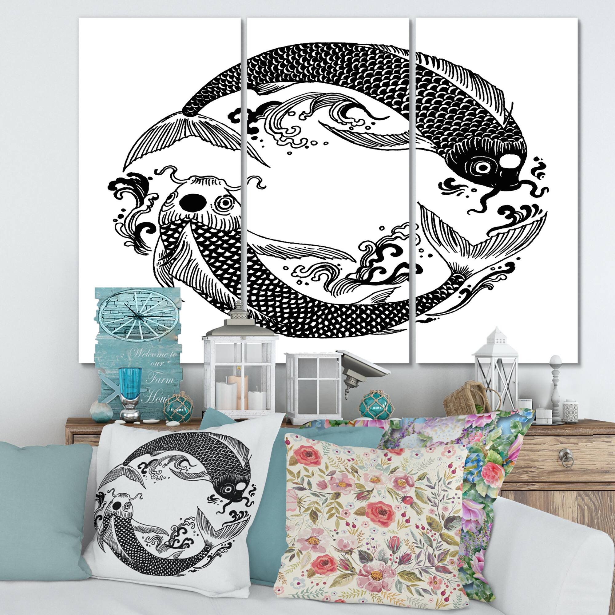 Designart - Chinese Koi Fish In Chinoiserie Style III - Nautical &#x26; Coastal Canvas Wall Art Print