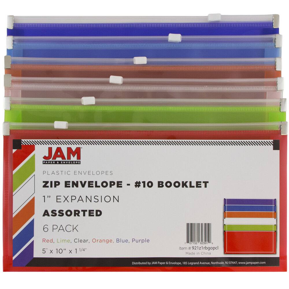 JAM Paper 5&#x22; x 10&#x22; Assorted Zip Closure Plastic Envelopes, 6ct.