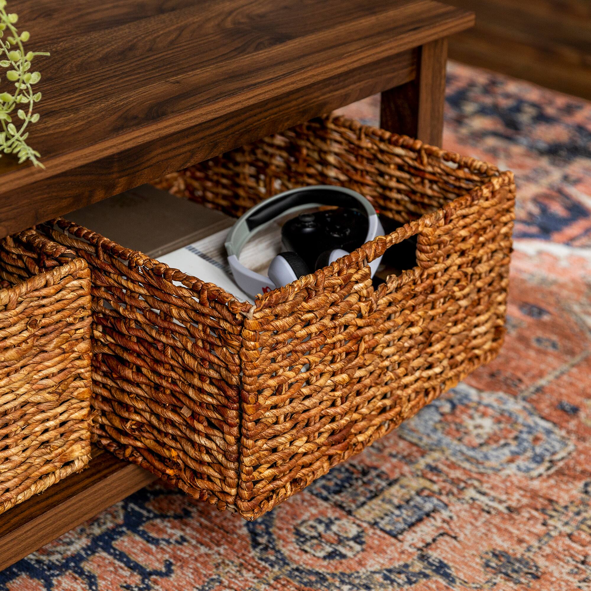 Walker Edison 40" Dark Walnut Mission Storage Coffee Table with Baskets